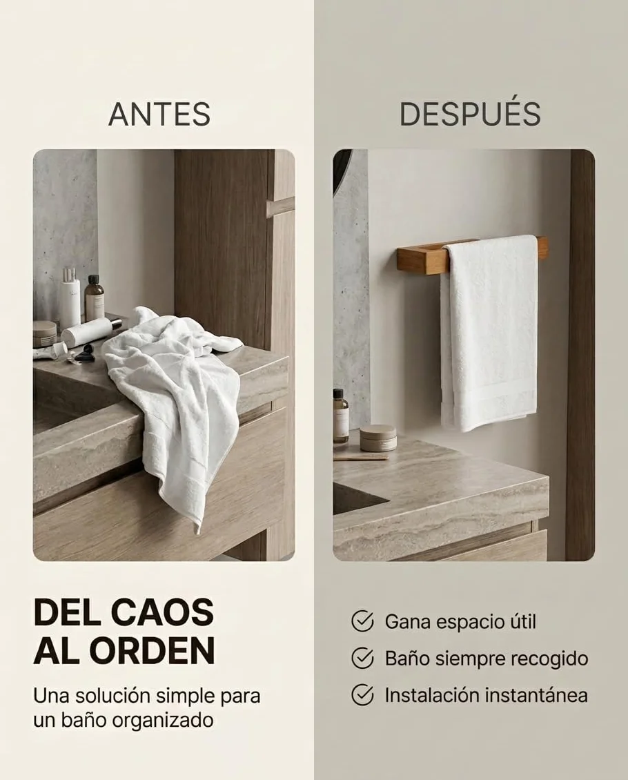 Toallero de Baño sin Taladro Bambú Natural Adhesivo Extra Fuerte 5kgs 23cm