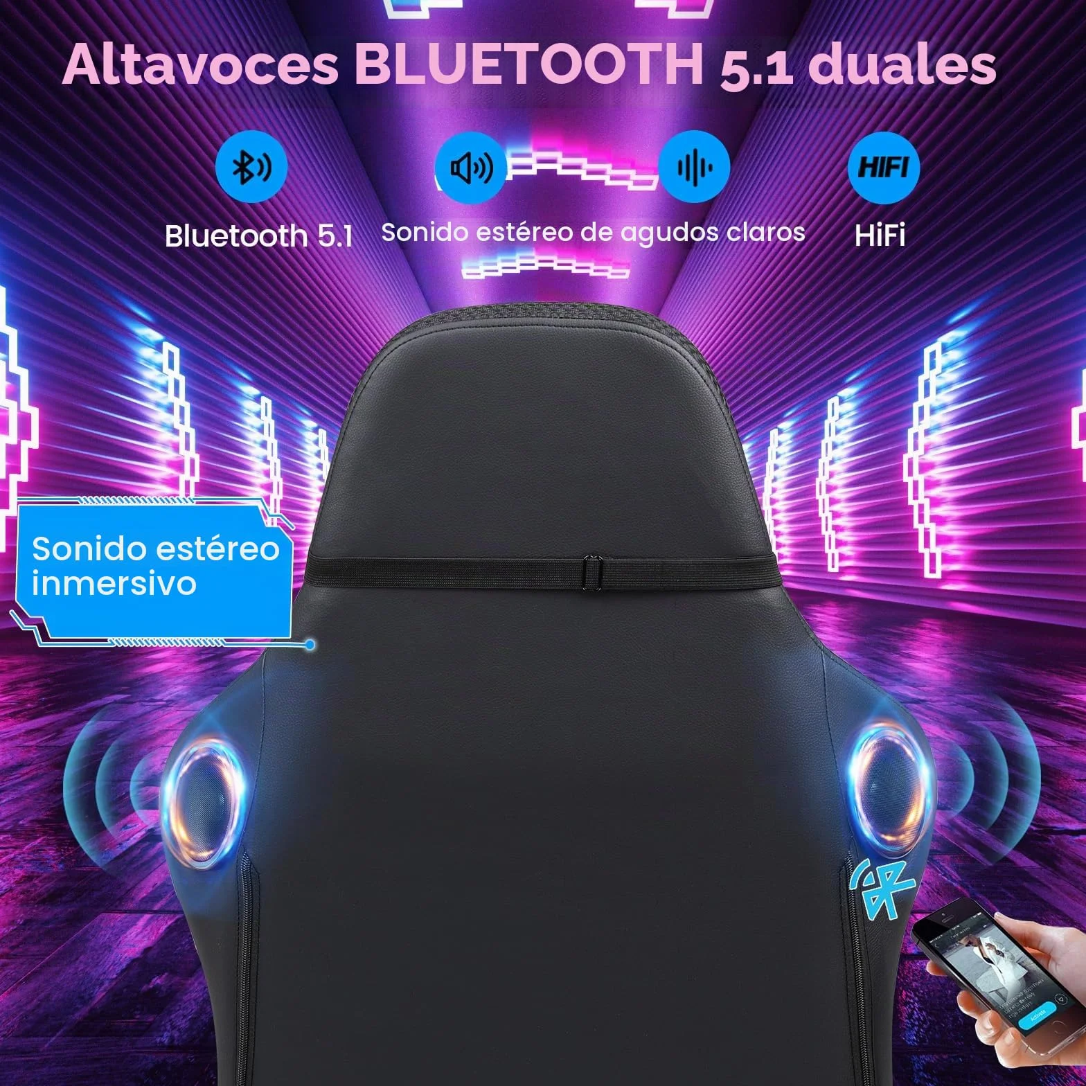 GTPLAYER Silla de gaming, silla de oficina, silla de gaming con altavoz y barra de luz, silla gamer, respaldo con bolsa de almacenamiento, silla ergonómica de PC con mando a distancia