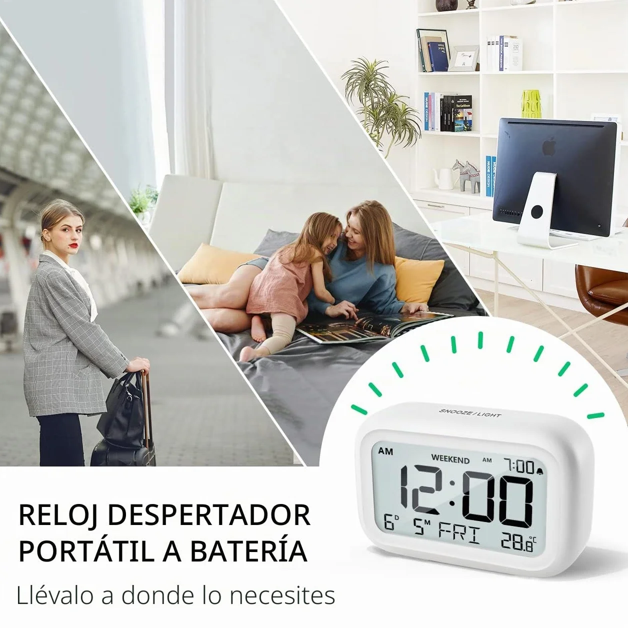 Doomay Despertador Digital de Mesita de Noche Reloj con Batería Pantalla LCD Volumen Ajustable Modo Fin de Semana Dormitorio Escritorio Viajes D-White