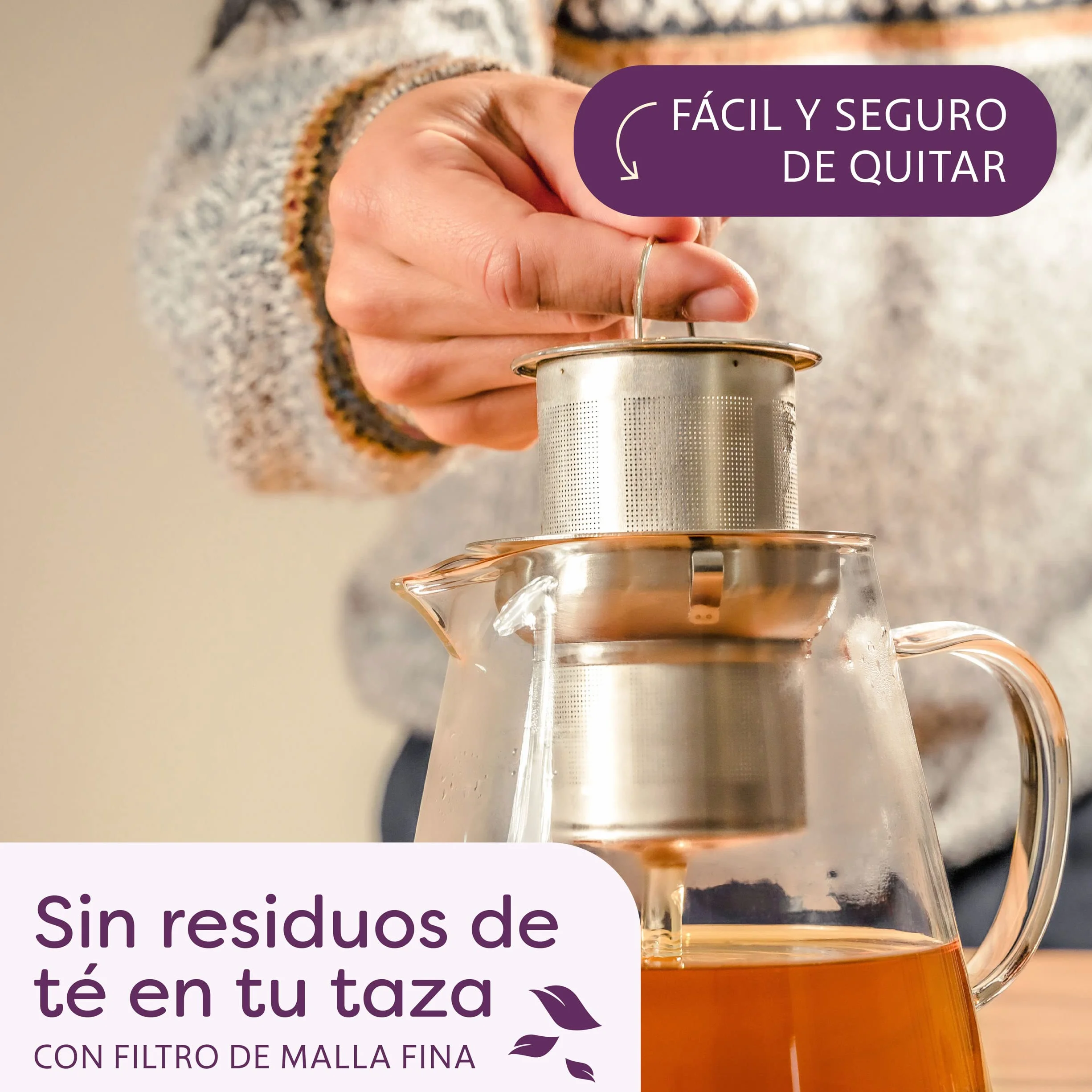 Cosumy Tetera de Cristal con Filtro de Acero Inoxidable - Grande 1,3 L - Con Posavasos de Bambú - Apta para Lavavajillas