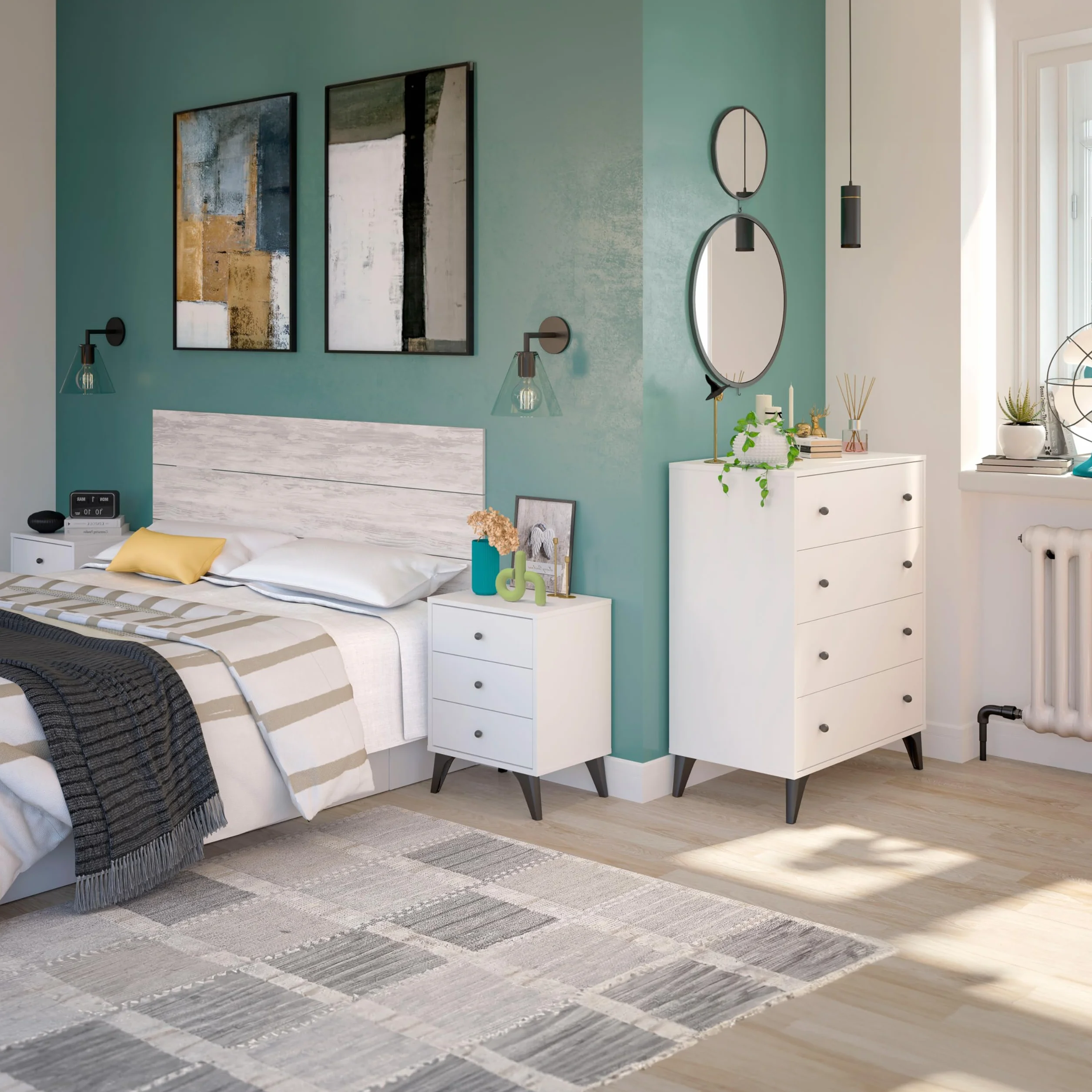 duehome | Comoda de 4 Cajones para Dormitorio, Cajonera Dormitorio, Modelo Iconic, Acabado en Blanco Artik y Negro, Medidas: 77,5 cm (Largo) x 95 cm (Alto) x 40 cm (Fondo)