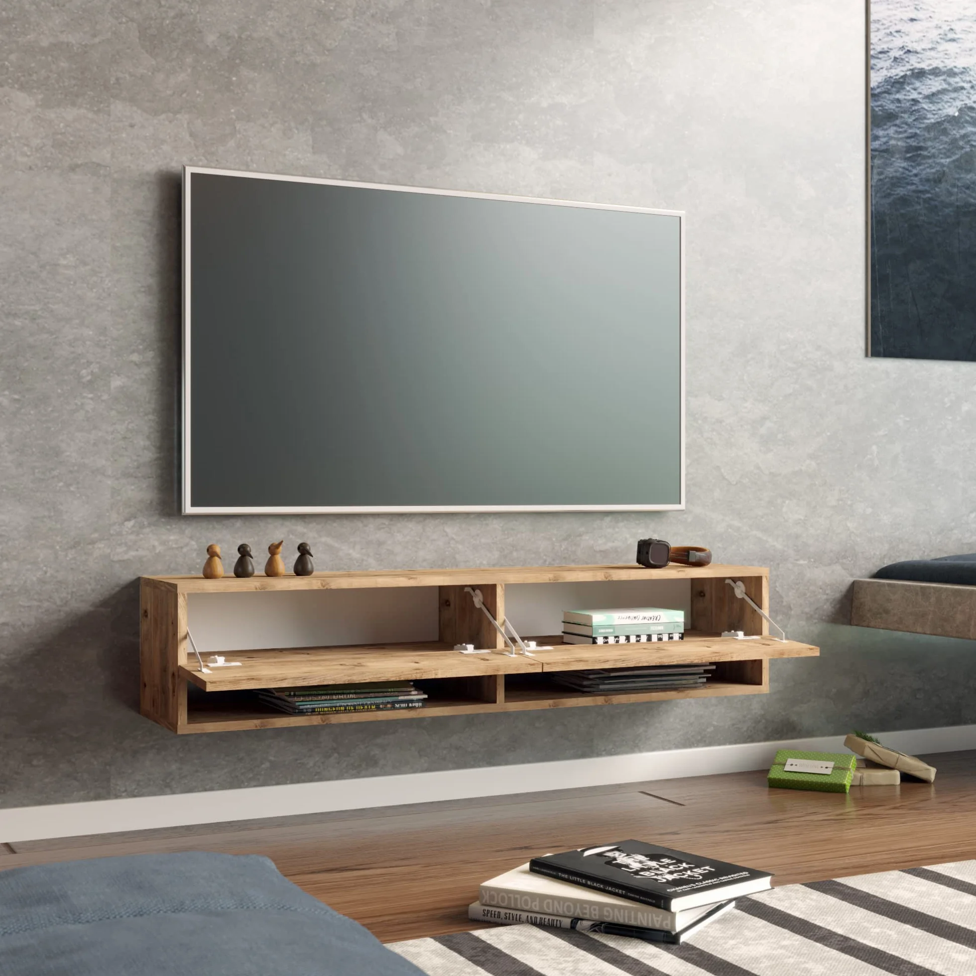 [en.casa] Mueble TV Suspendido con Espacio de Almacenaje Mesa Tele de Pared con 2 Puertas y 2 Estantes Aglomerado 140 x 32 x 30 cm Roble Rústico