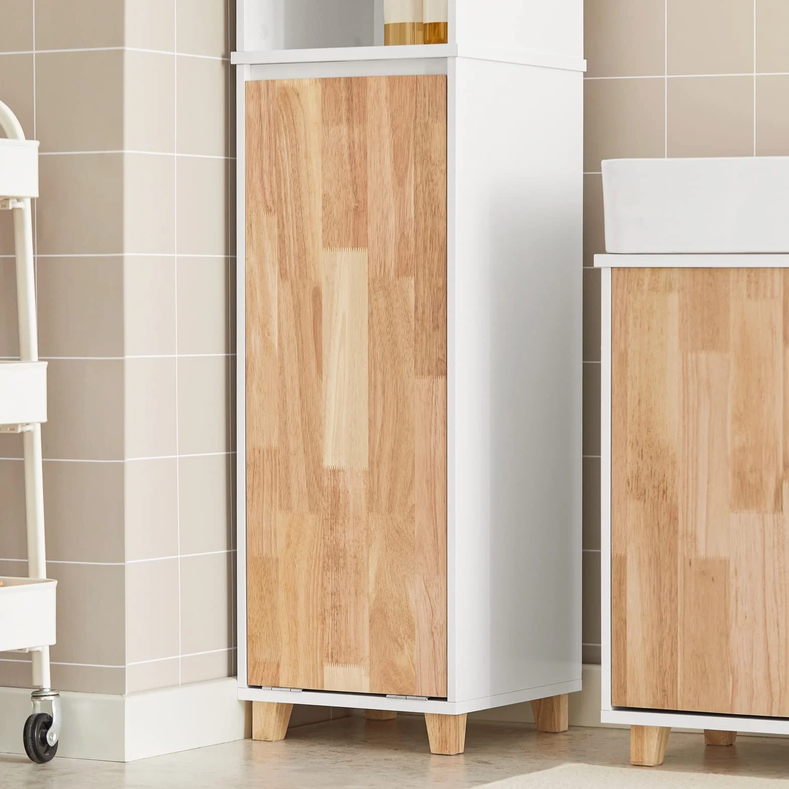 SoBuy Mueble Baño - Armario Baño Alto Cesta Plegable para Ropa Sucia, Mueble Columna Estrecho de Madera Resistente a la Humedad, Blanco, 31x170x32 cm, BZR74-W