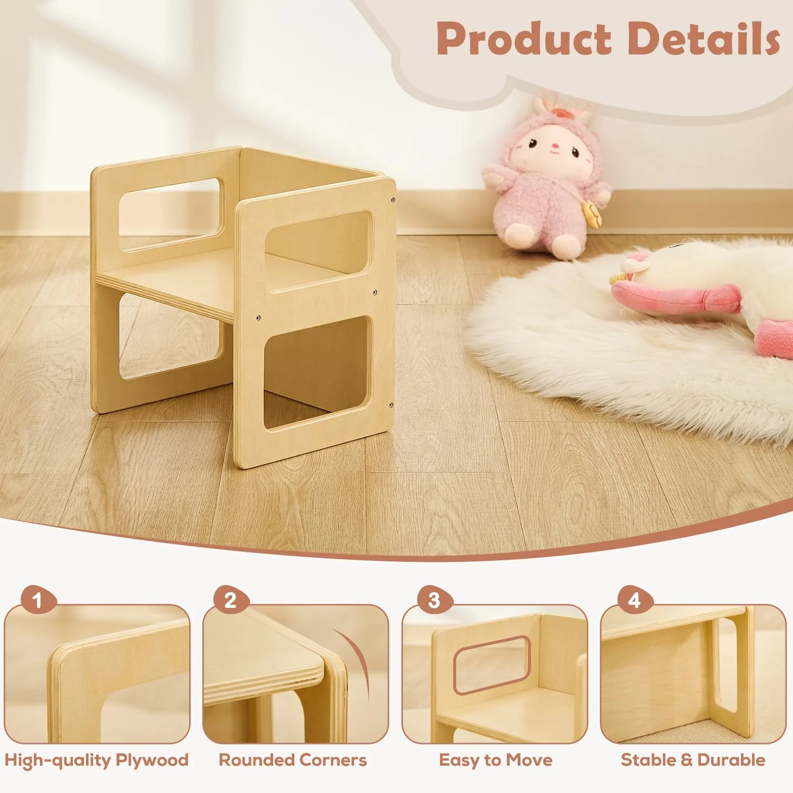 FUNLIO Silla de Destete Montessori Altura Ajustable de Madera Maciza para 1-3 Años con Certificado CPC