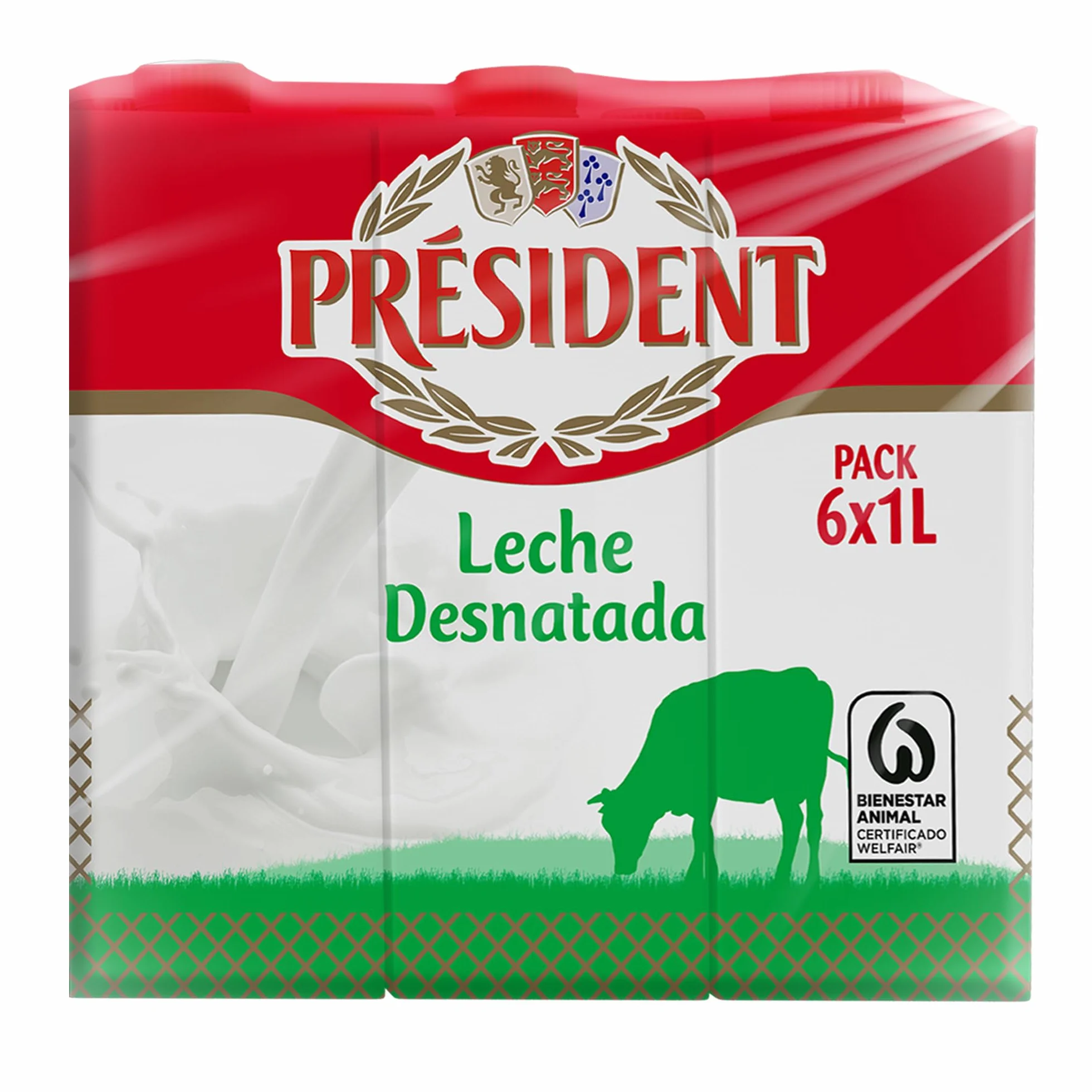 Président Leche Desnatada Natural de Galicia Pack 6 x 1 L Fuente de Calcio y Proteínas Sin Gluten