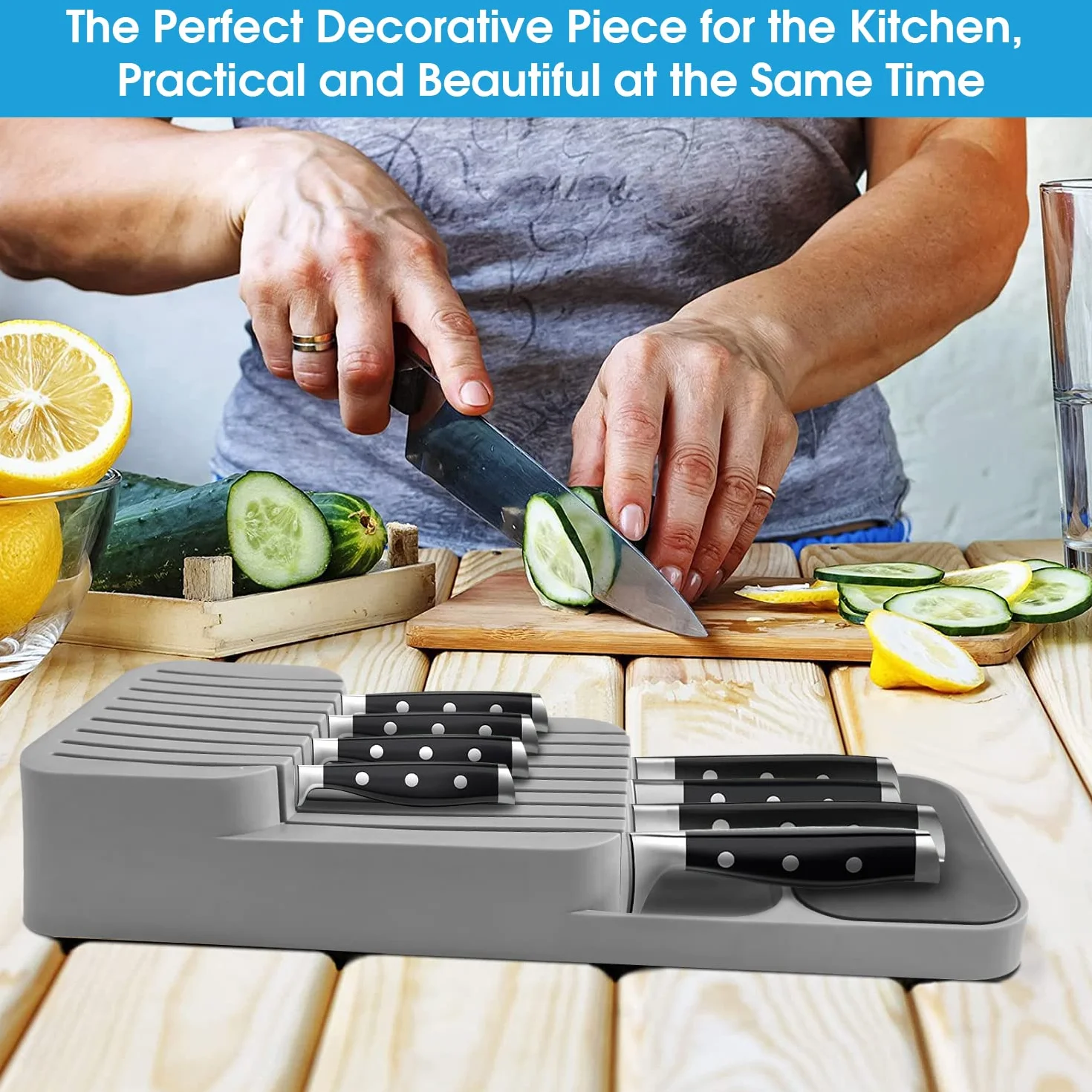 Mejorado Organizador de Cuchillos para Cajón, 2 Niveles Portacuchillos de Cocina apto para 9 Cuchillos, Extraíble y Antideslizante, Bloque de Cuchillos de Cocina con Ranura para Cuchillos, Gris