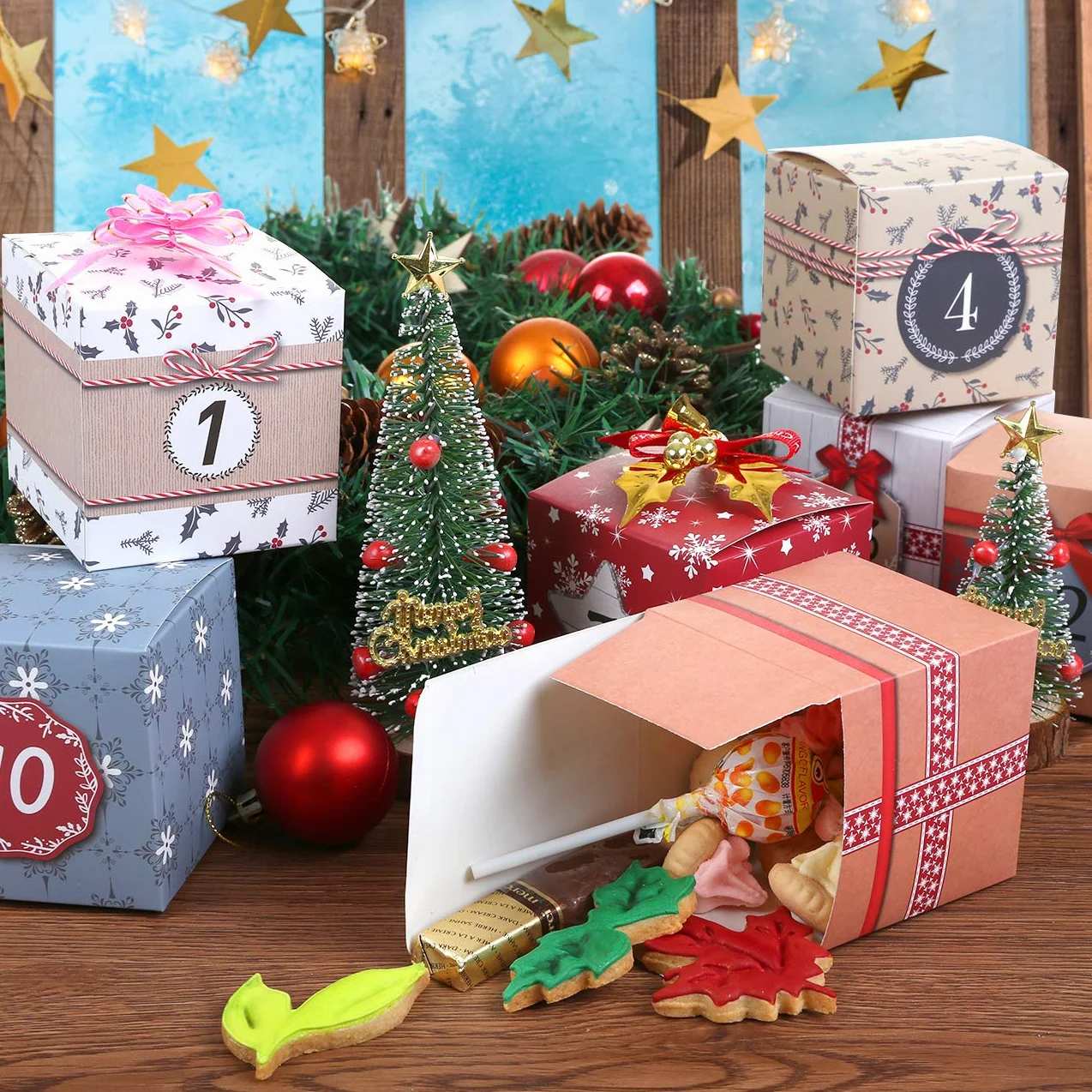 LIHAO Calendario de Adviento 24 Cajas Cuadradas Navidad Caja Regalos Papel Caramelos Dulces Galletas Chocolates DIY