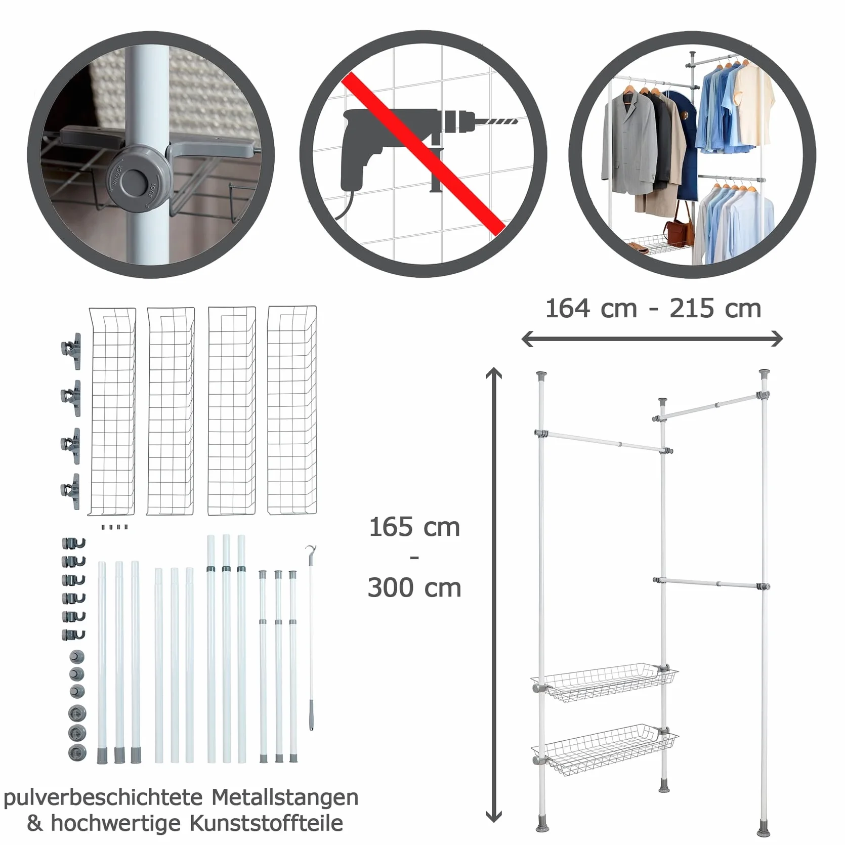 WENKO Sistema telescópico Herkules Duo ajustable guardarropa Acero 164-215 x 165-300 x 38 cm Blanco