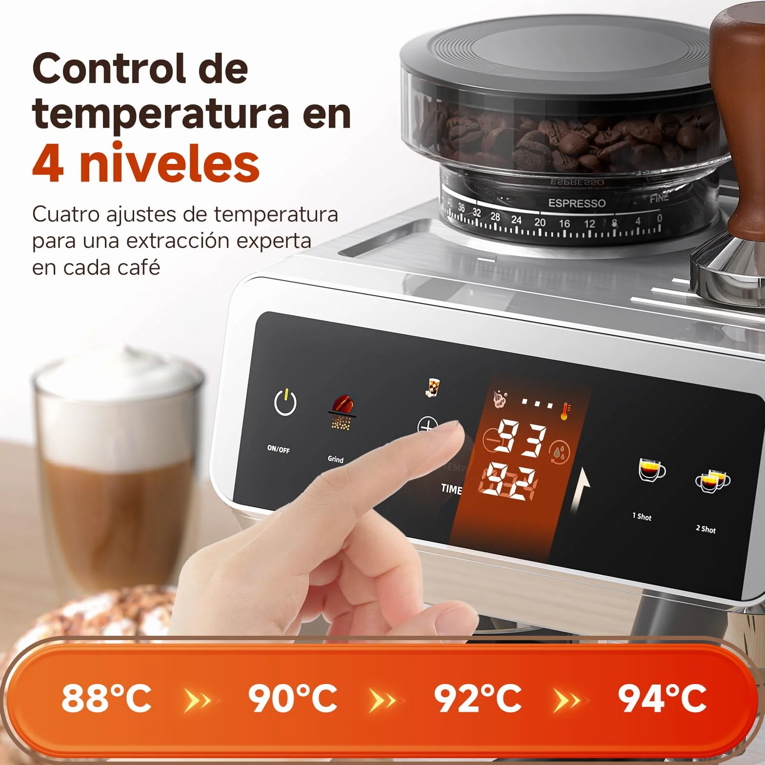 AMZCHEF Cafetera Espresso con Molinillo Integrado 20 Bares – Máquina de Café con 44 Ajustes de Molienda，Vaporizador de Leche, 4 Temperaturas, Función Café Frío, Acero Inoxidable, Depósito 1.8L