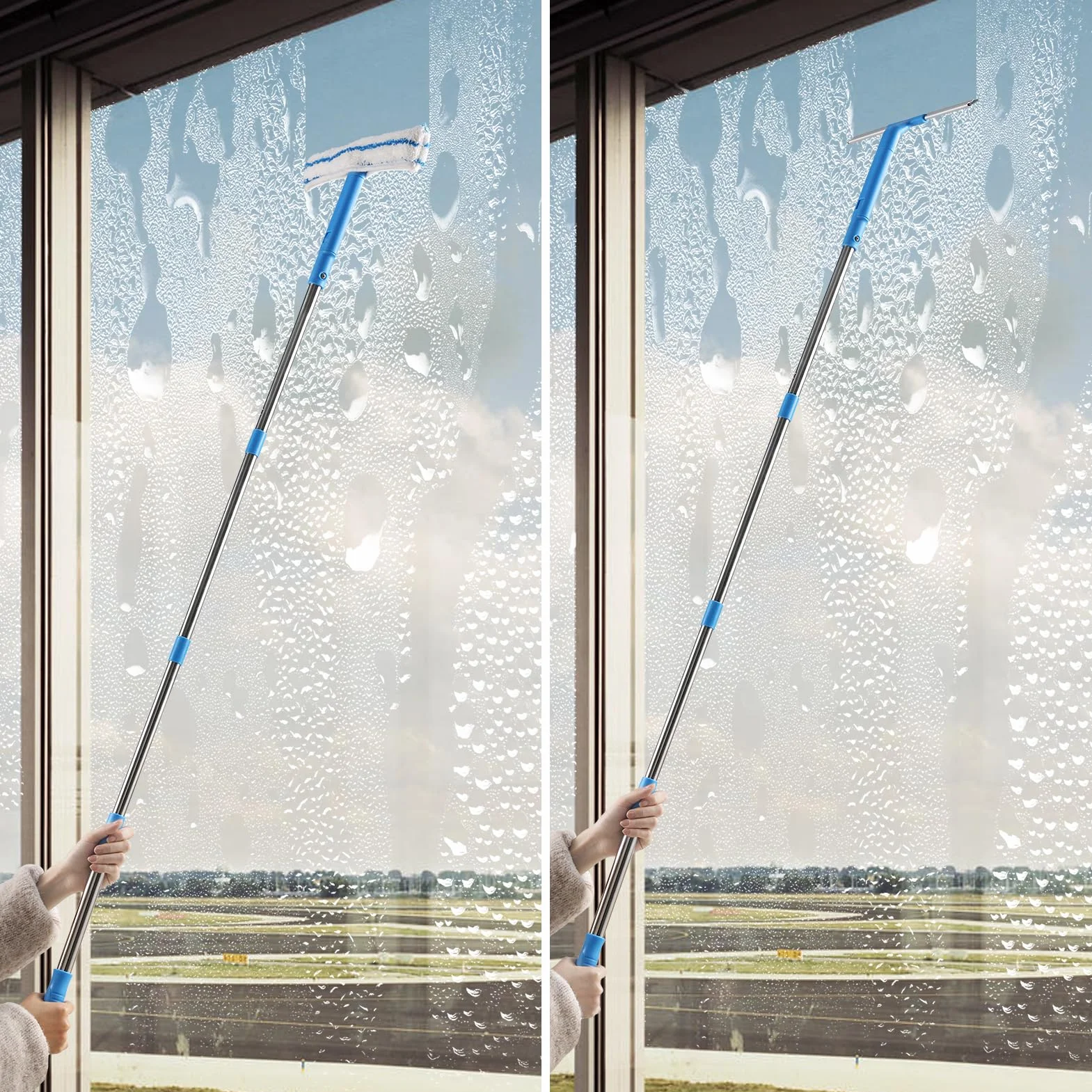 Mitclear Limpiacristales con Mango Extensible 146cm, Kit Limpiacristales Profesional con Escobilla de Silicona y Paños de Microfibra