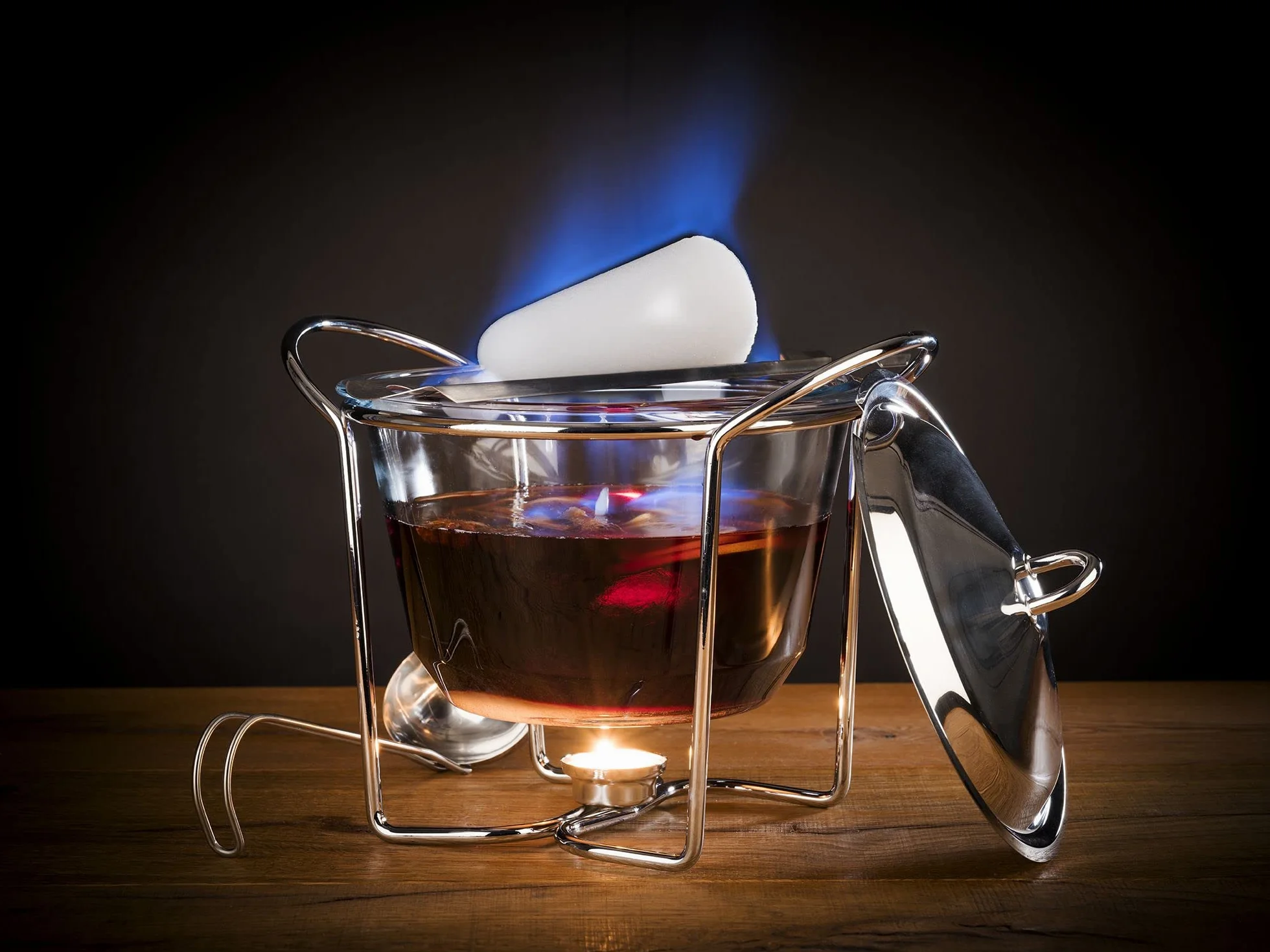 APS Feuerzangenbowle, Pinzas para el azúcar, Pinzas para el Fuego, ponchera, Recipiente de Cristal, Tapa de Acero Inoxidable, Muy Pulido, Calentador de Tetera, Cromado, cazo, para Aprox. 4 litros