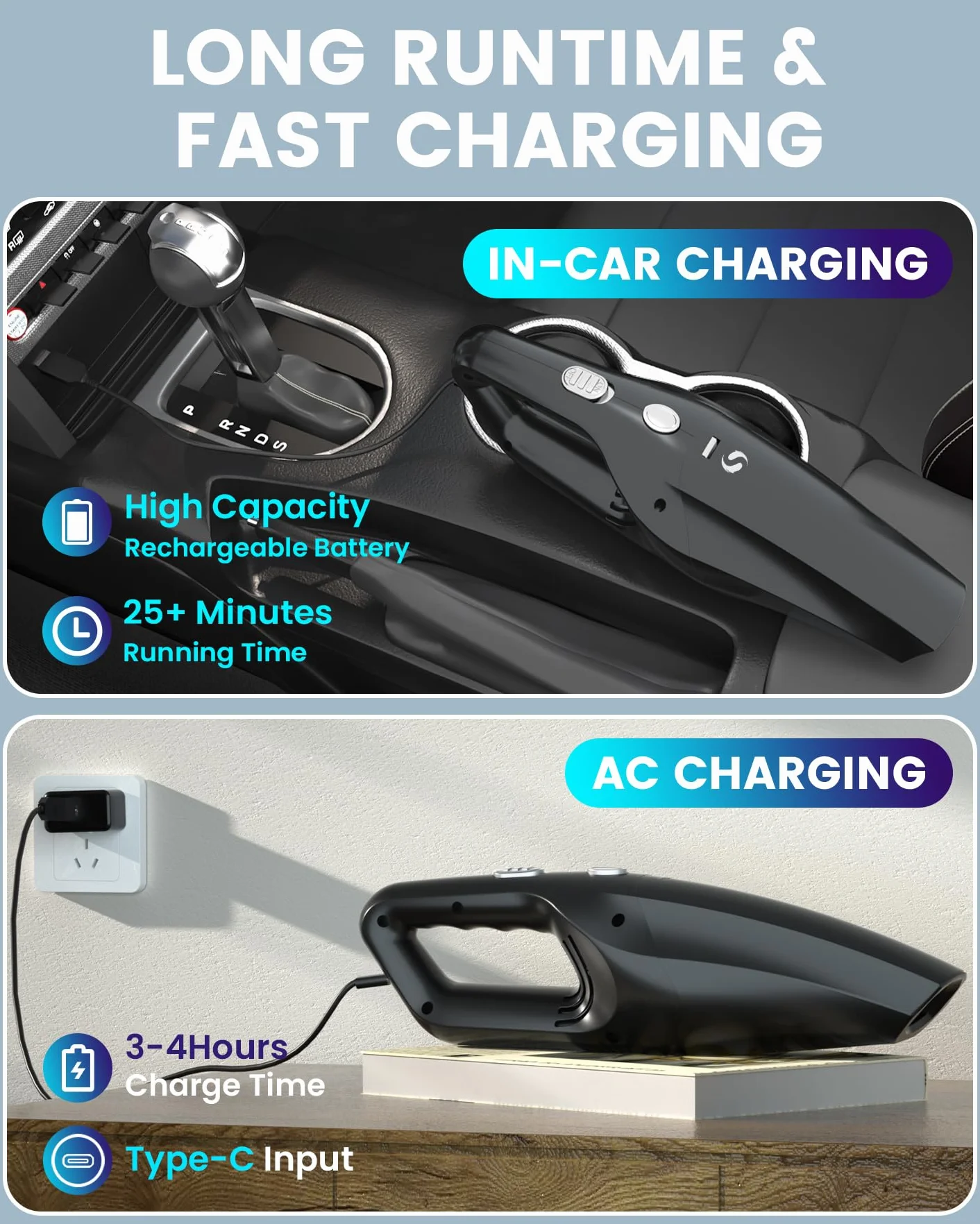 Aspirador de Mano Potente Recargable Sin Cable con Filtro HEPA para Coche