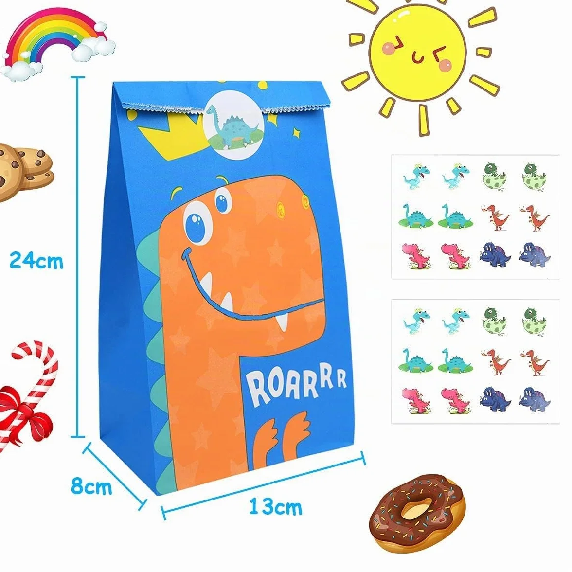 Flintronic 20PCS Bolsas de Regalo de Papel, con 24 Pegatinas de Dinosaurios (2 Piezas), Bolsas Kraft para Dulces, Fiesta Infantil, Celebraciones,Cumpleaños,Halloween,Navidad