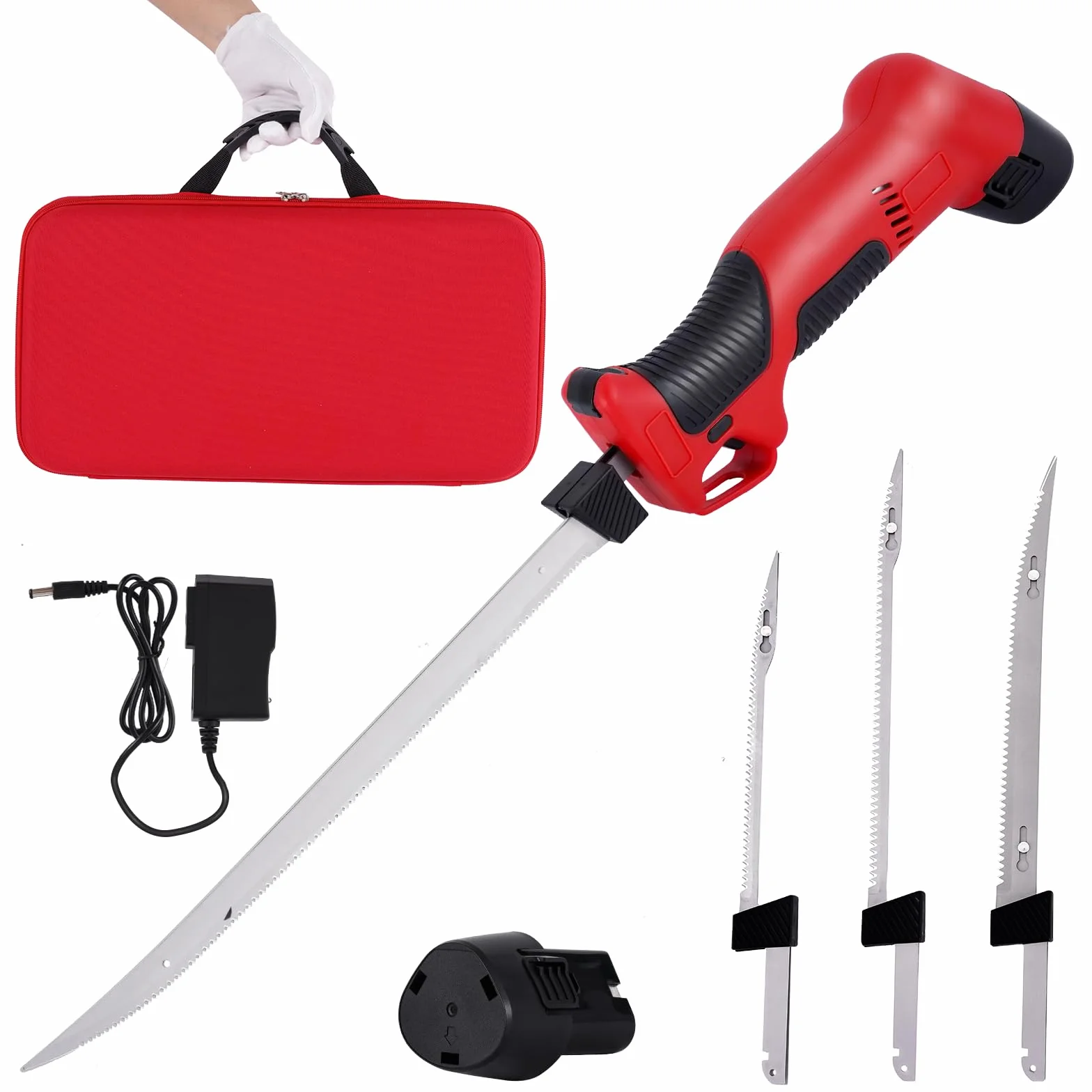 YUCHENGTECH Cuchillo de Filete Eléctrico para Pescado Cuchillo de Filete Inalámbrico con 4 Hojas, 2 Paquetes de Baterías Recargables y Estuche de Almacenamiento para Pescar, Filetear, al Aire Libre