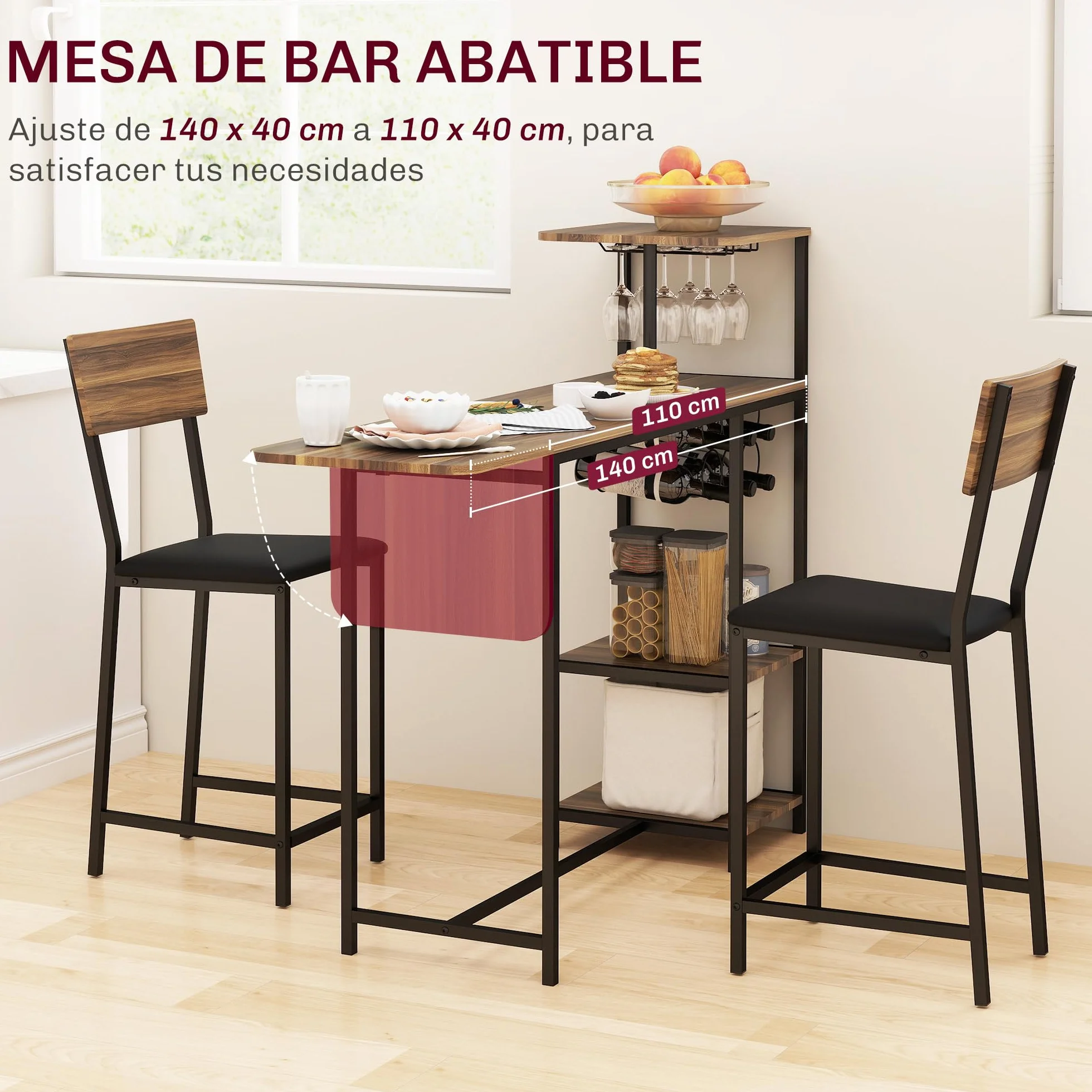 HOMCOM Juego de Mesa y Taburetes de Bar Mesa Alta de Cocina con 2 Taburetes Laterales Abatibles Soporte para Vinos y Estantes Estilo Industrial Marrón y Negro