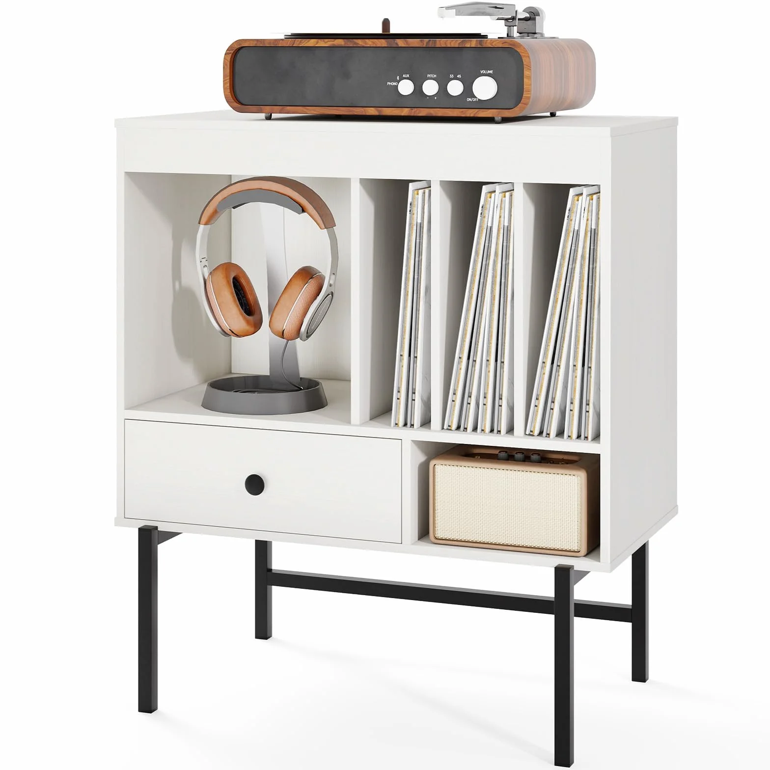 FANTASK Soporte Tocadiscos de Madera con Almacenamiento de Vinilo, Cajón y Soporte para Álbumes, Armario Auxiliar 70 cm