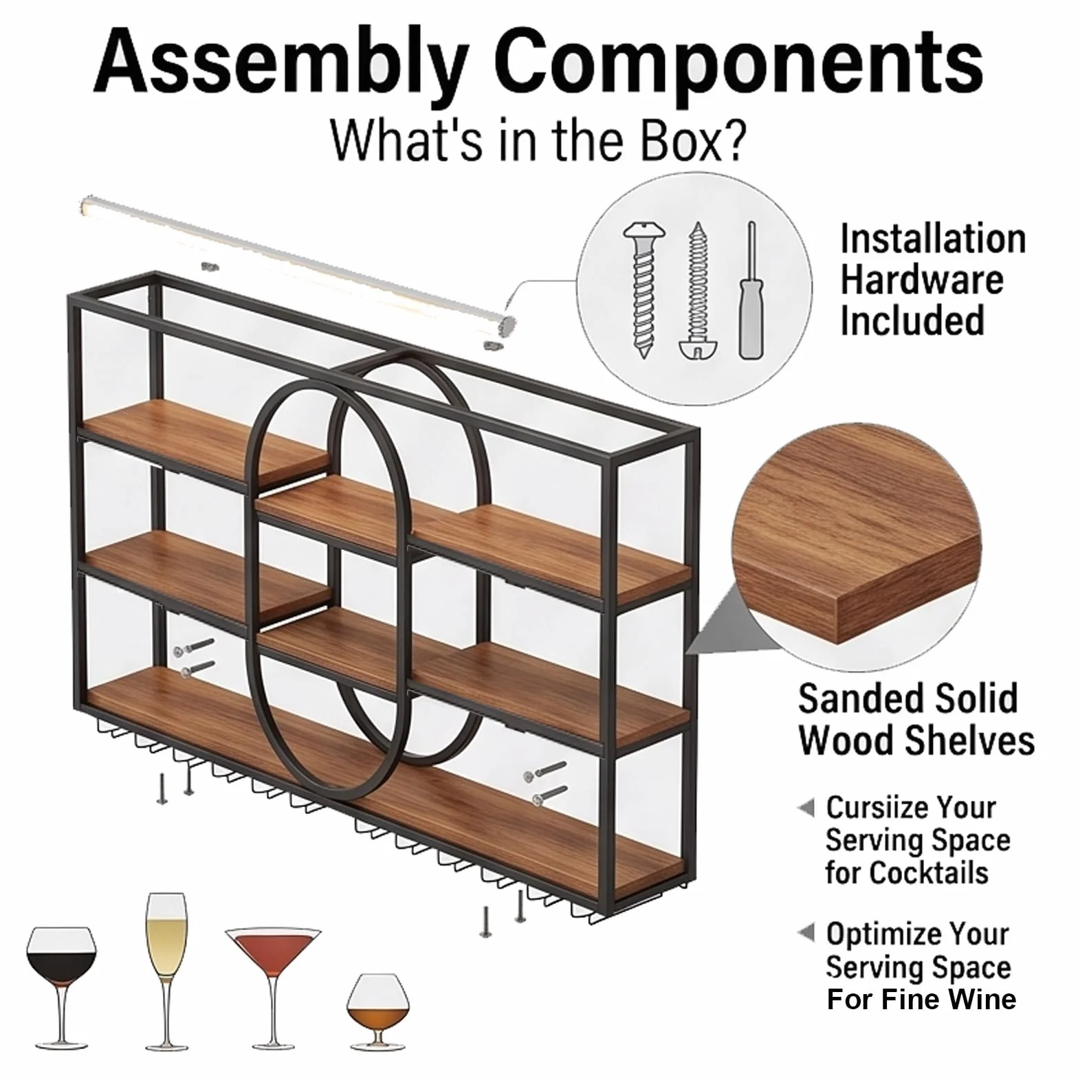 Botellero de Pared de Metal de Gran Capacidad, Estante para Vino de Pared Ovalado Moderno, Soporte para Copas y Botellas, Metal para Vino Industrial, 120-180cm, Negro/Dorado (nero, 140*20*120cm)