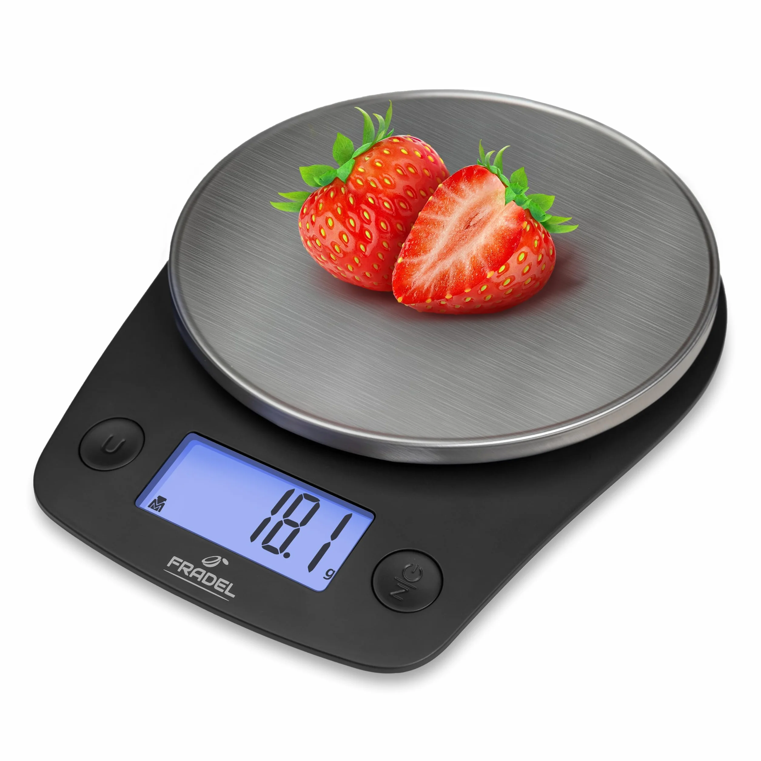 Fradel Báscula digital de alimentos de cocina de 0,1 g en gramos y onzas – 11 libras, para cocinar, hornear, pérdida de peso – redonda