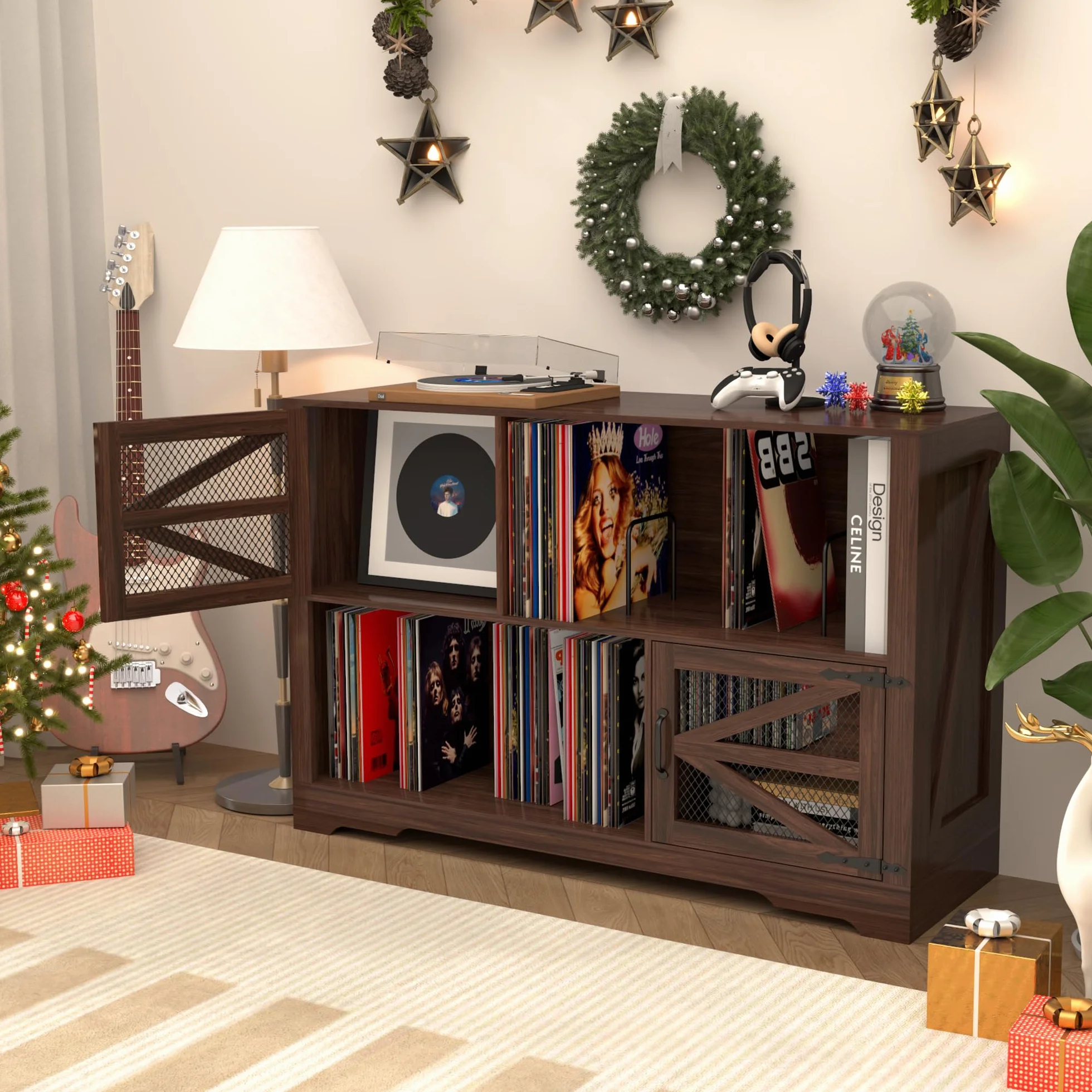 MDF Mueble para Discos de Vinilo con Acabado Nogal,Soporte para 500+ Vinilos, 2 Enchufes & 2 USB, Antivuelco, Mueble Compacto para Salón y Tocadiscos,Color Nogal（120×40×80cm）