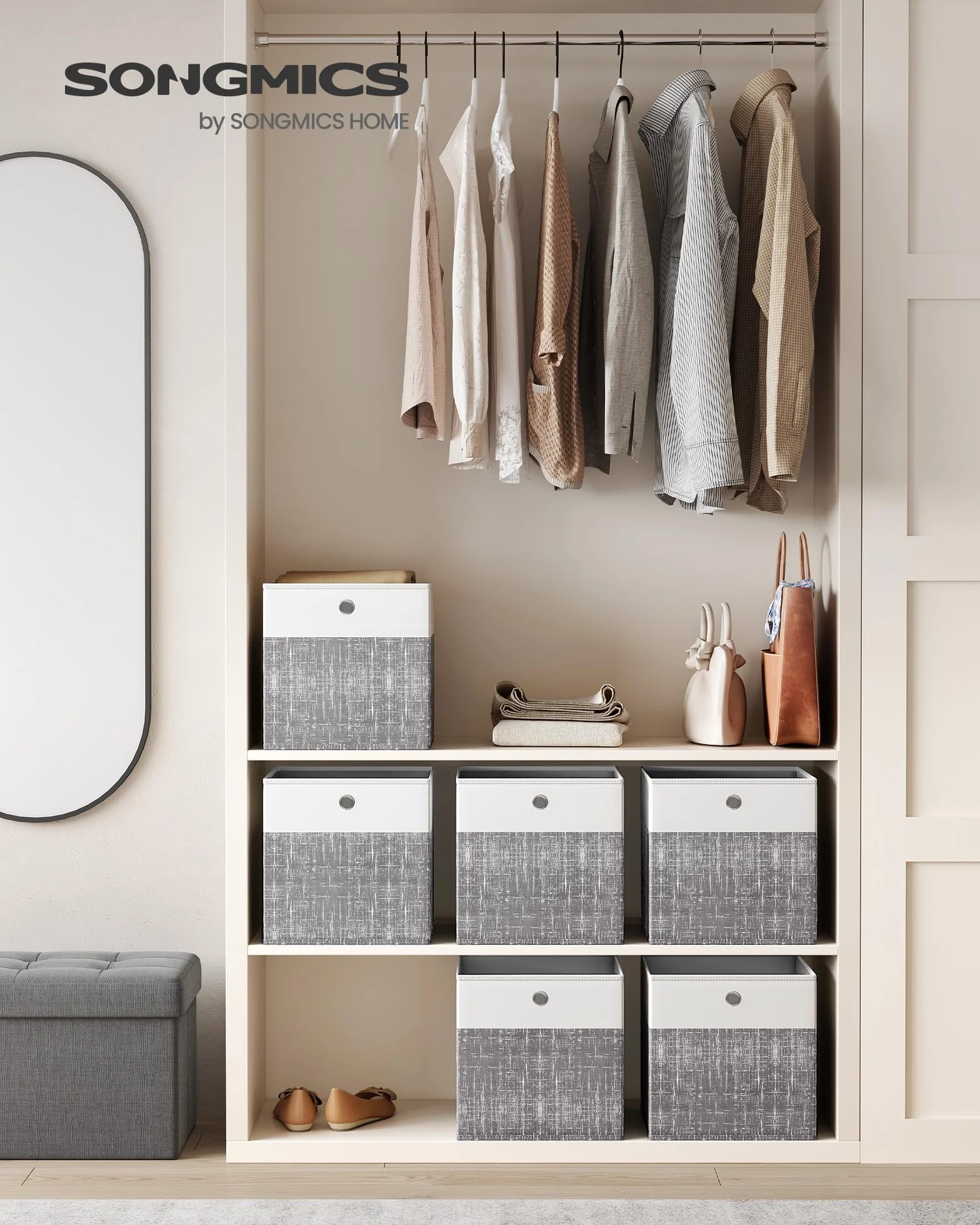 SONGMICS Caja de Almacenamiento, Set de 6, Cajas Organizadoras de PP, 30 x 30 x 30 cm, Blanco Nube y Gris Claro
