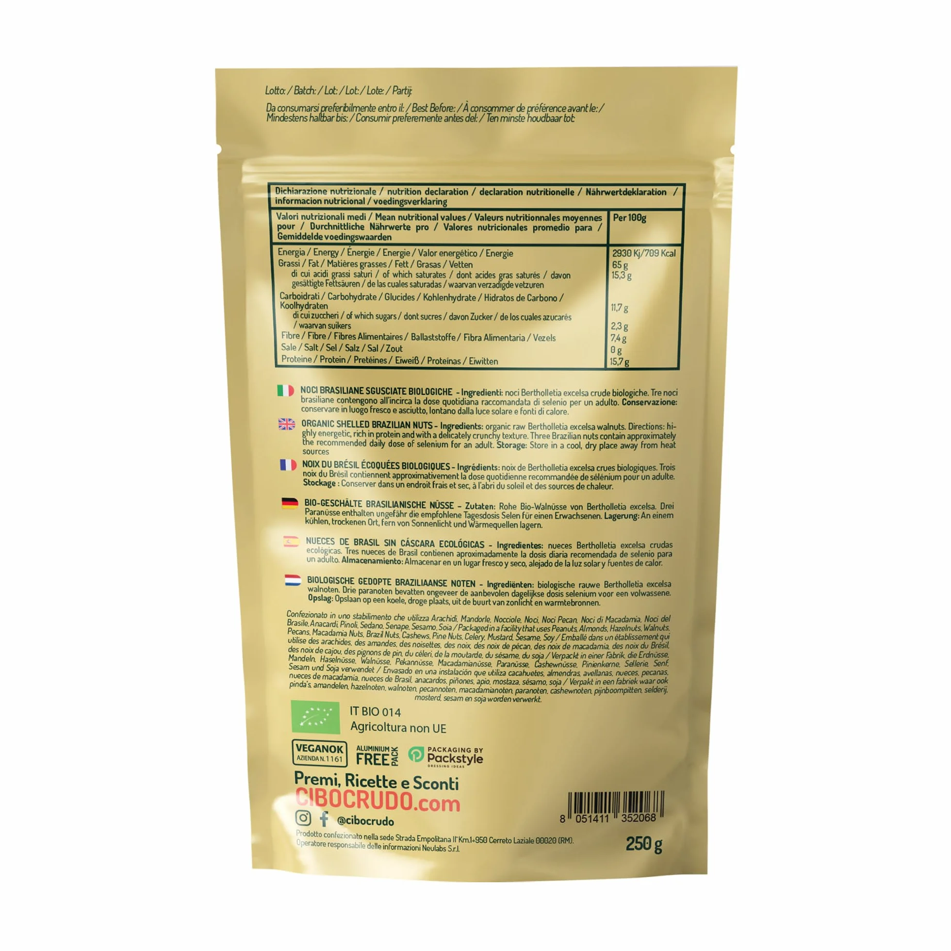 Nueces de Brasil Ecológicas 250g Bio Fibra Proteína Selenio Minerales Snack Vegano
