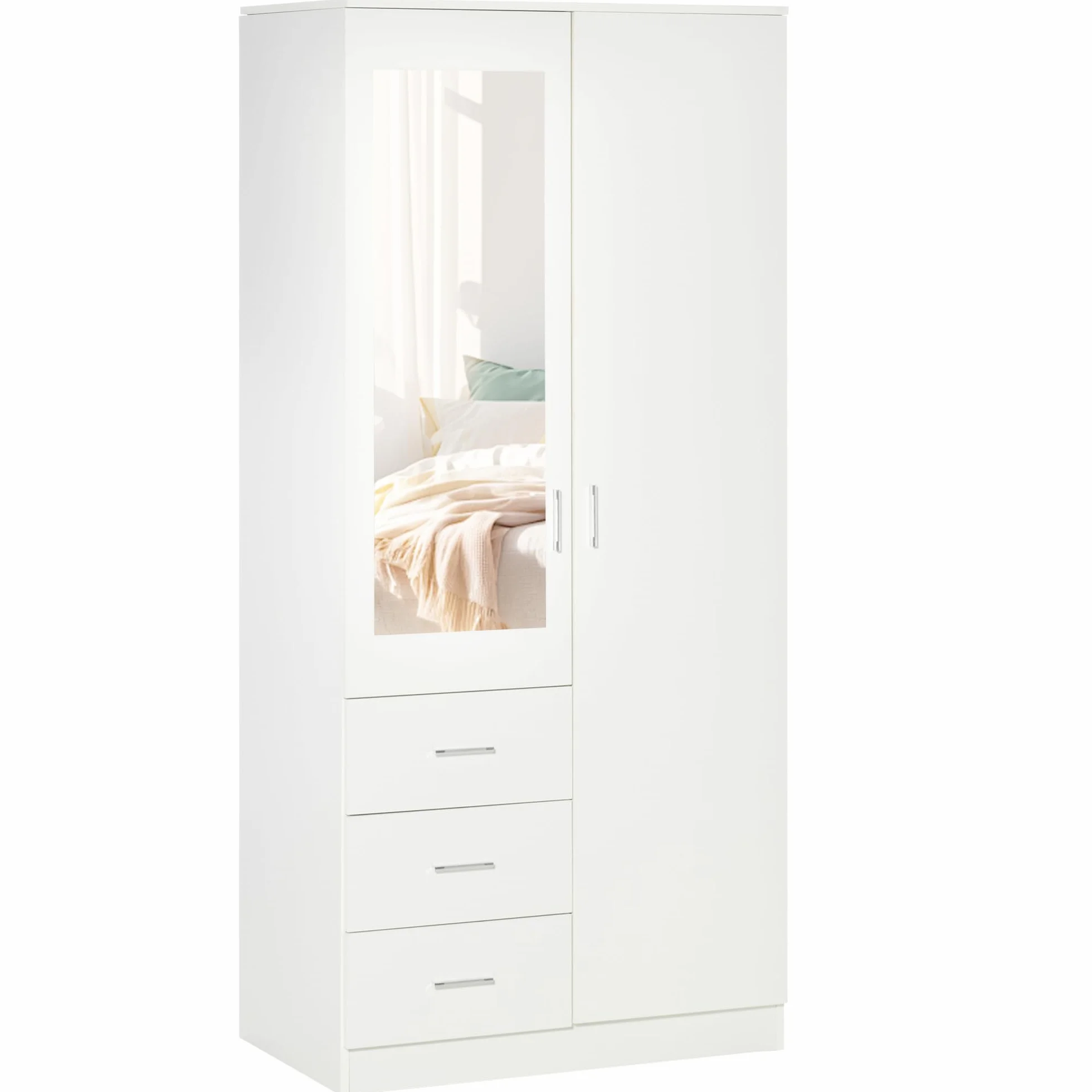 HOMCOM Armario Ropero de 2 Puertas con Espejo 3 Cajones Estantes Ajustables y Barra para Colgar Incluida Mueble Auxiliar para Dormitorio Habitación 80x50x180 cm Blanco