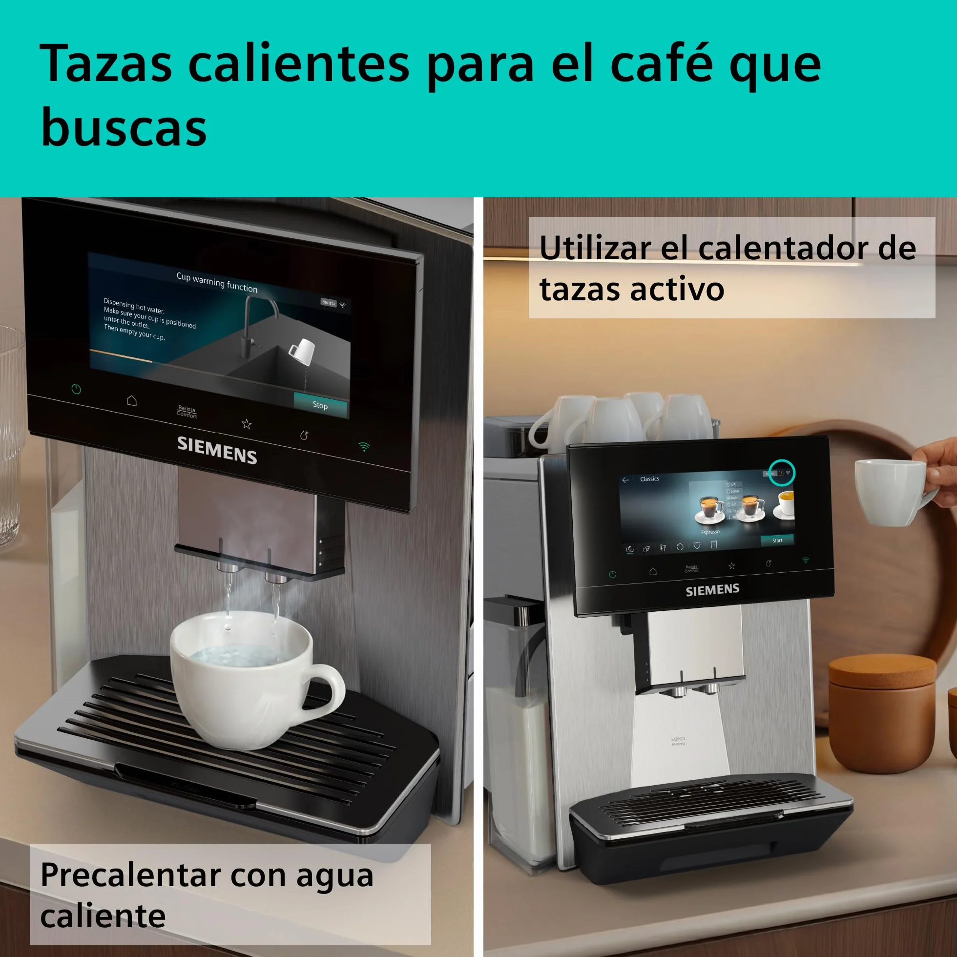 SIEMENS, cafetera superautomática, EQ900 iAroma, sabores personalizados, molienda precisa, pantalla grande para uso intuitivo, dos depósitos para granos diferentes, inox, TQ927E03