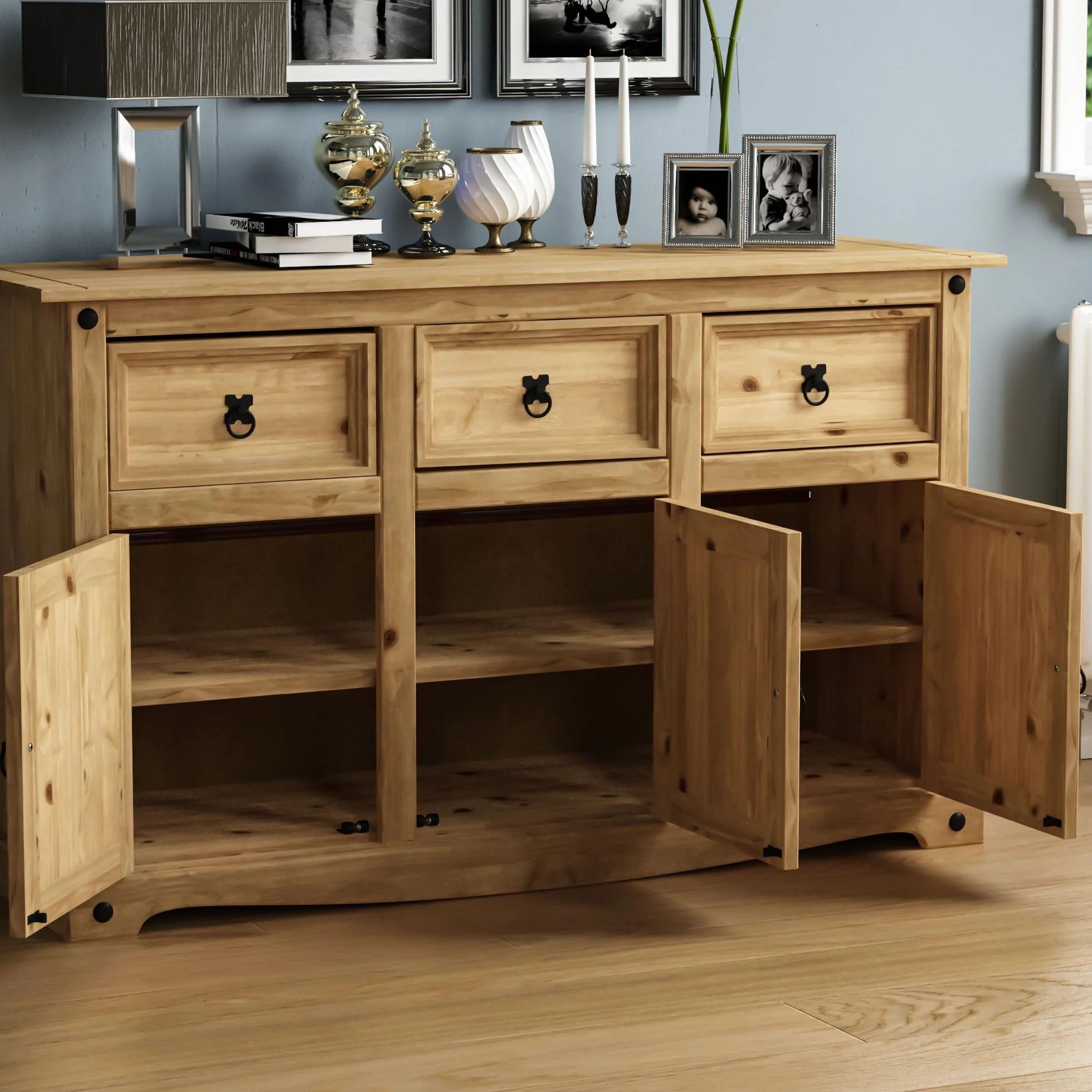 Vida Designs Corona - Aparador con 3 puertas y 3 cajones, madera de pino maciza, para salón, comedor, dormitorio