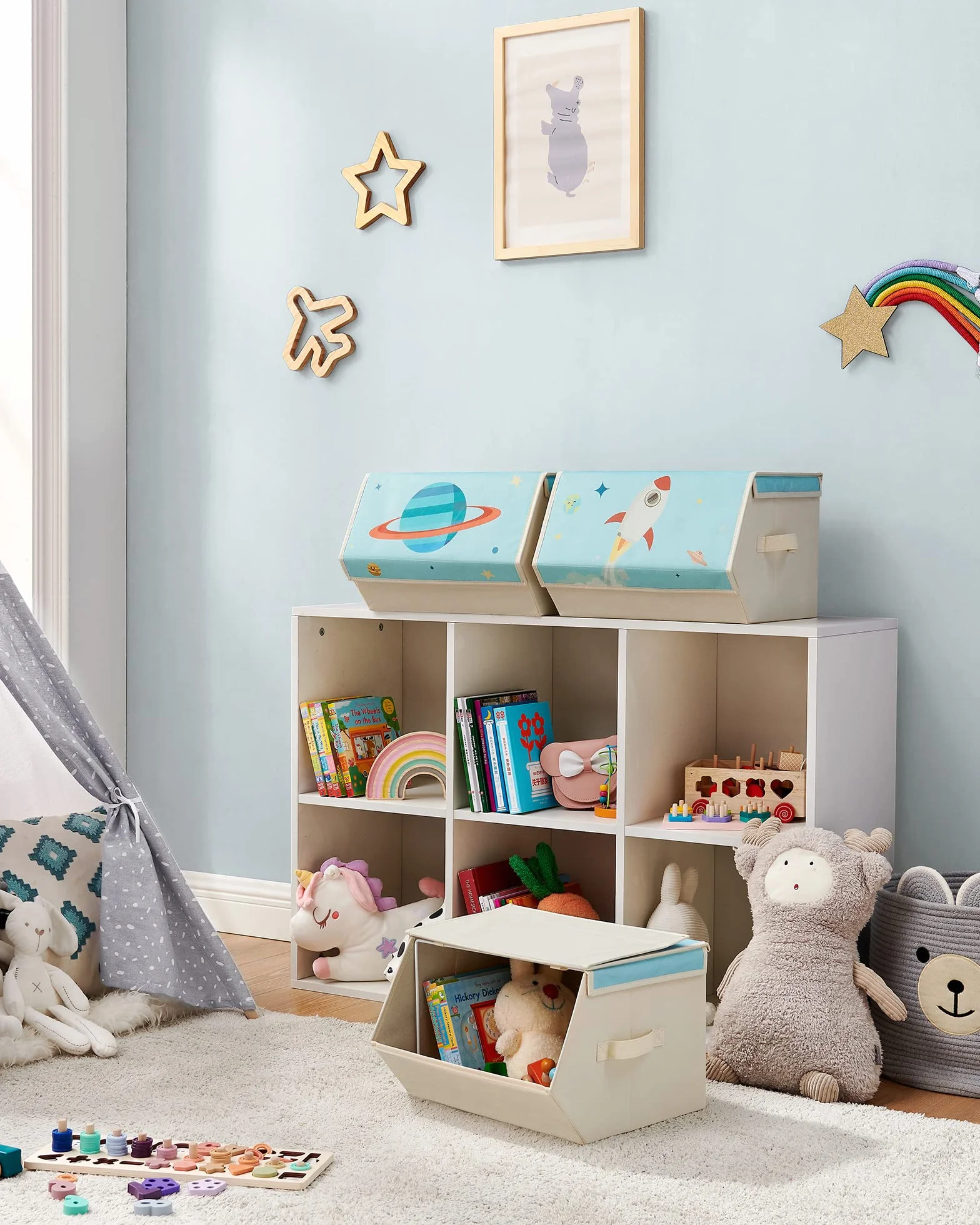 SONGMICS Cajas de Juguetes para Niños, Juego de 3 Cajas de Almacenamiento Apilables y Plegables, con Asas y Tapa Magnética, Azul