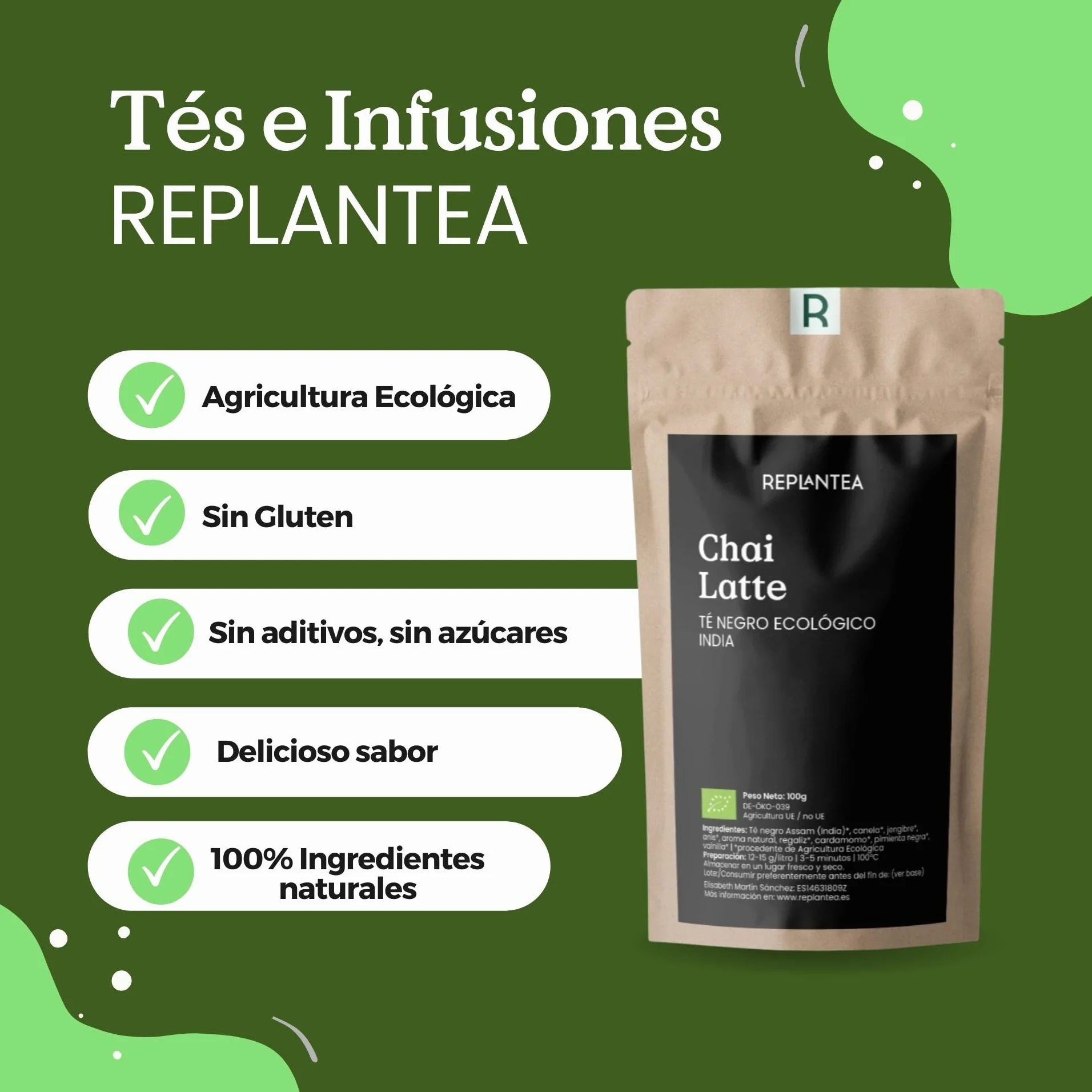 REPLANTEA® Masala Chai Latte Orgánico 100g (50 Tazas) Té Negro Assam con Especias