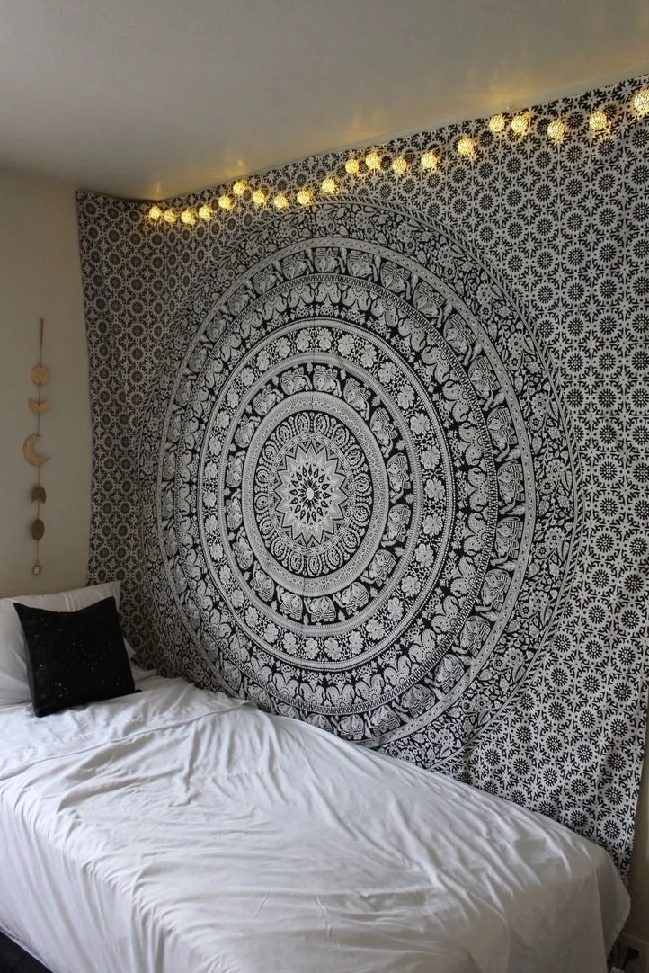 RAJRANG BRINGING RAJASTHAN TO YOU Tapiz de mandala para colgar en la pared, tapices de algodón decorativos en blanco y negro, 213 x 137 cm