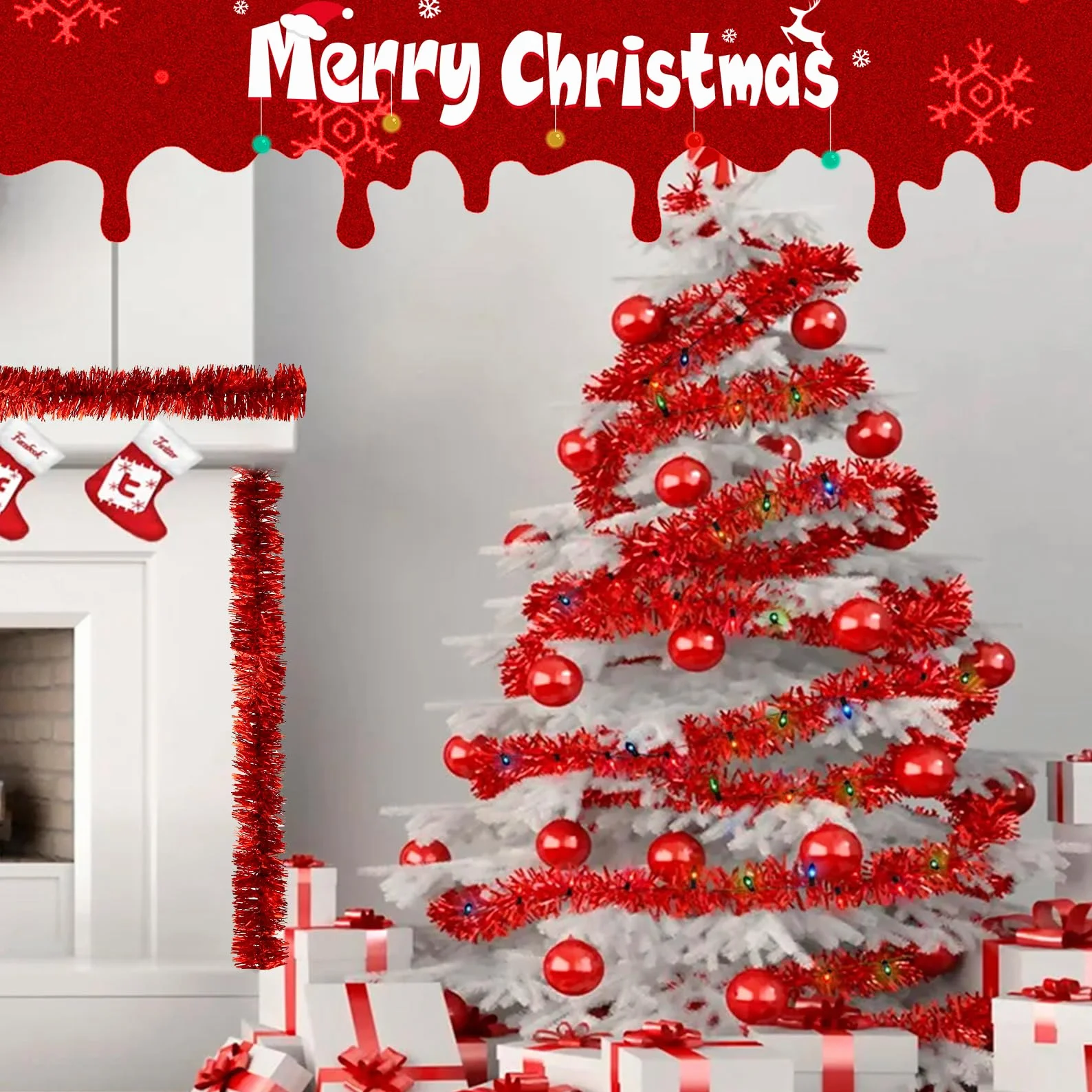 10 m de espumillón para árbol de Navidad rojo, guirnalda de Navidad, decoración de árbol de Navidad, guirnalda roja para árbol de Navidad, decoración navideña para exteriores (rojo)