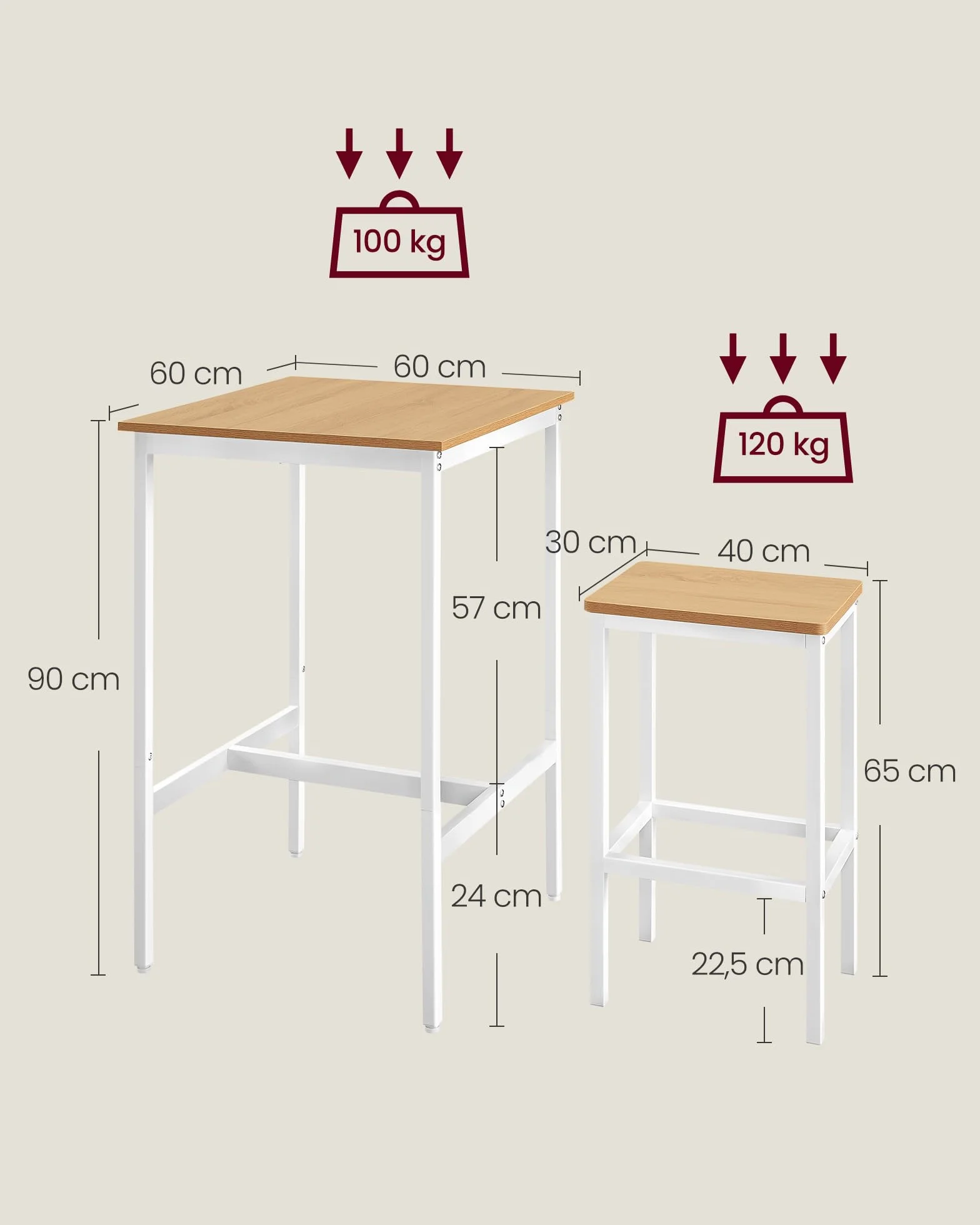VASAGLE Mesa de Bar con 2 Taburetes, Comedor Cocina, Roble Dorado y Blanco Nube LBT017W09