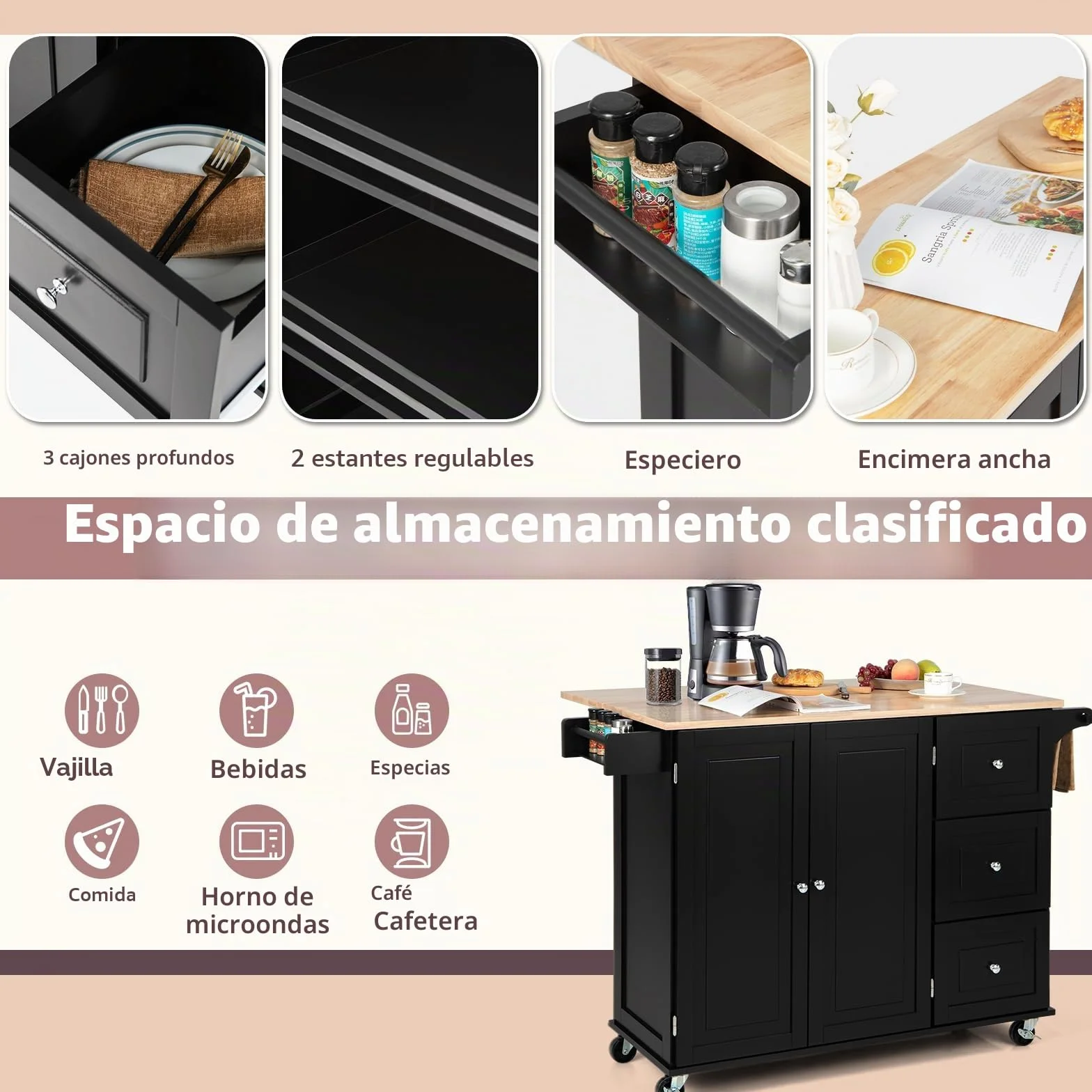 KOMFOTTEU Carro de Cocina con Encimera Plegable, Isla de Cocina con Ruedas, Carro de Servicio con Armario con Puertas y 3 Cajones, Mueble de Almacenamiento con Estantes Ajustables (Negro)
