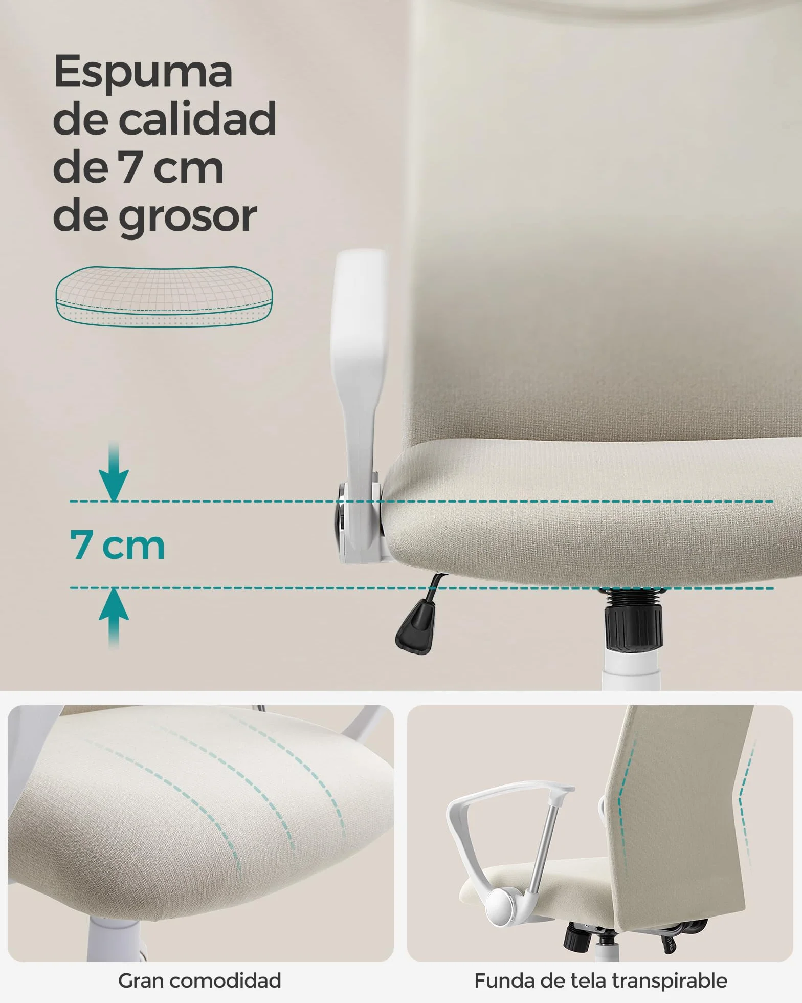 SONGMICS Silla de Oficina Ergonómica Giratoria Regulable Altura Inclinable 120 kg Beige Cappuccino