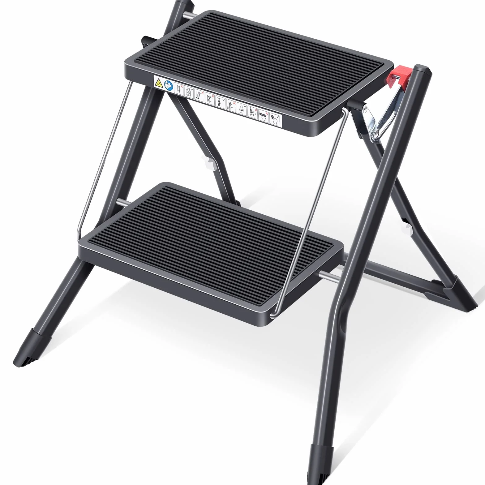 KINGRACK Taburete Plegable con Alfombrilla de Goma Antideslizante Acero Ligero 150 kg 2 Pasos Negro