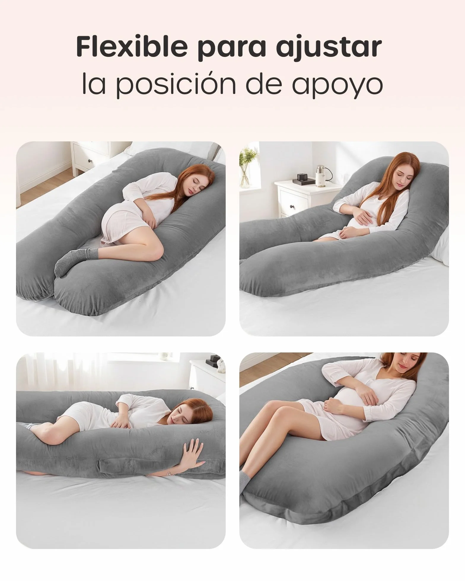 Almohada Embarazada Dormir en Forma de U, Cojin Embarazo Soporte Espalda Caderas Piernas Funda Terciopelo Lavable Gris