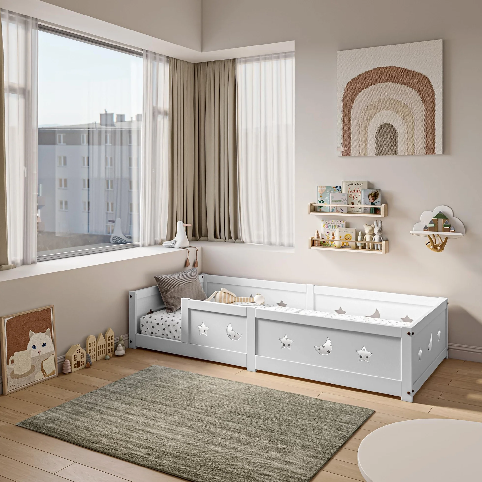 Montessori - Cama de suelo de 90 x 200 cm, con protección anticaída y somier de láminas, diseño de estrellas y luna, cama infantil para niños y niñas, de madera de pino maciza, color blanco (blanco