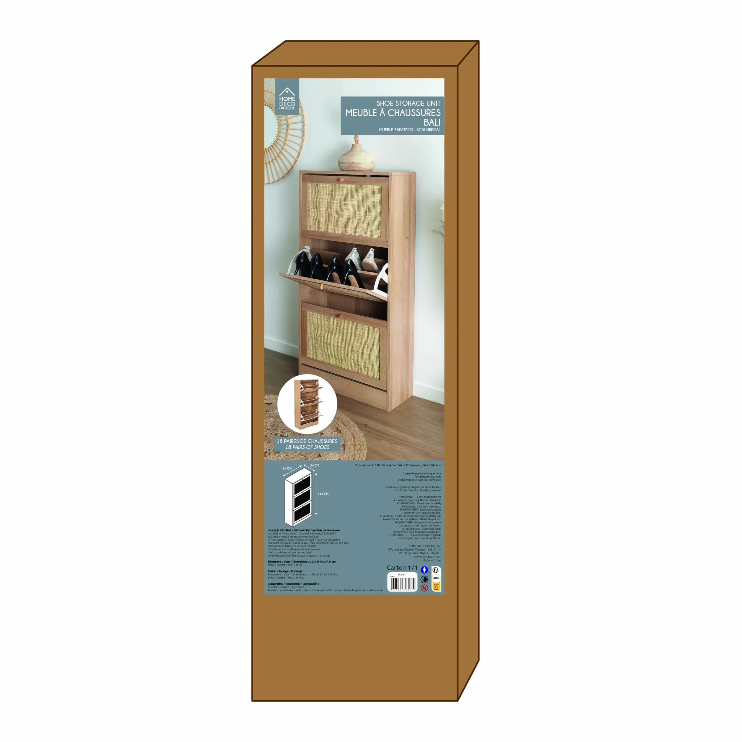 HOME DECO FACTORY - HD0207 Mueble Zapatero 3 Puertas de Madera - Diseñado para Almacenamiento Elegante - Diseño Moderno - Dimensiones 60 x 113 x 24 cm - Color Marrón