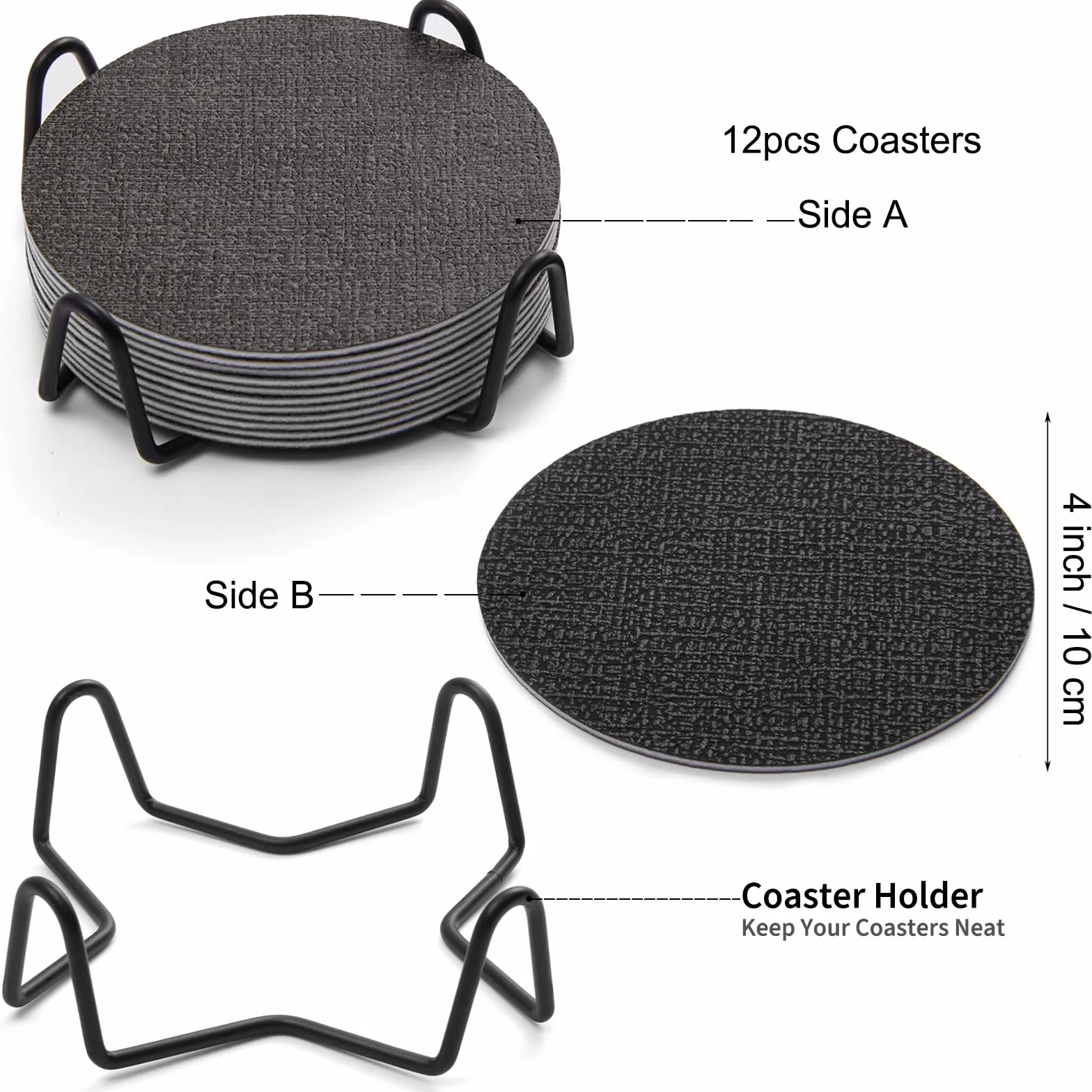 Posavasos Originales Juego de 12, Lavables Doble Cara, Impermeables con Soporte de Metal Antideslizante, Redondos Gris Negro