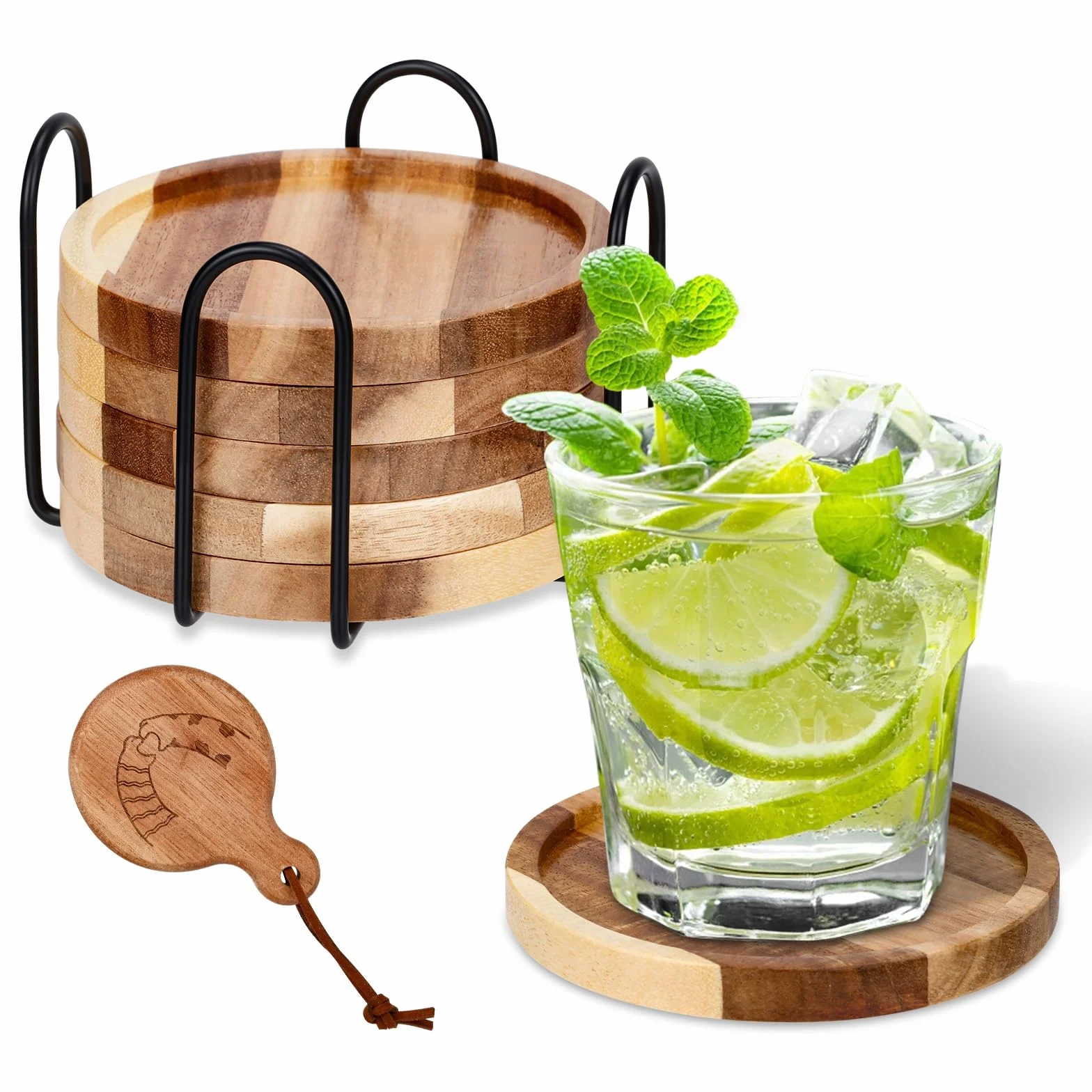 Posavasos de Madera Redondos con Bordes Elevados para Bebidas, Vasos y Bar