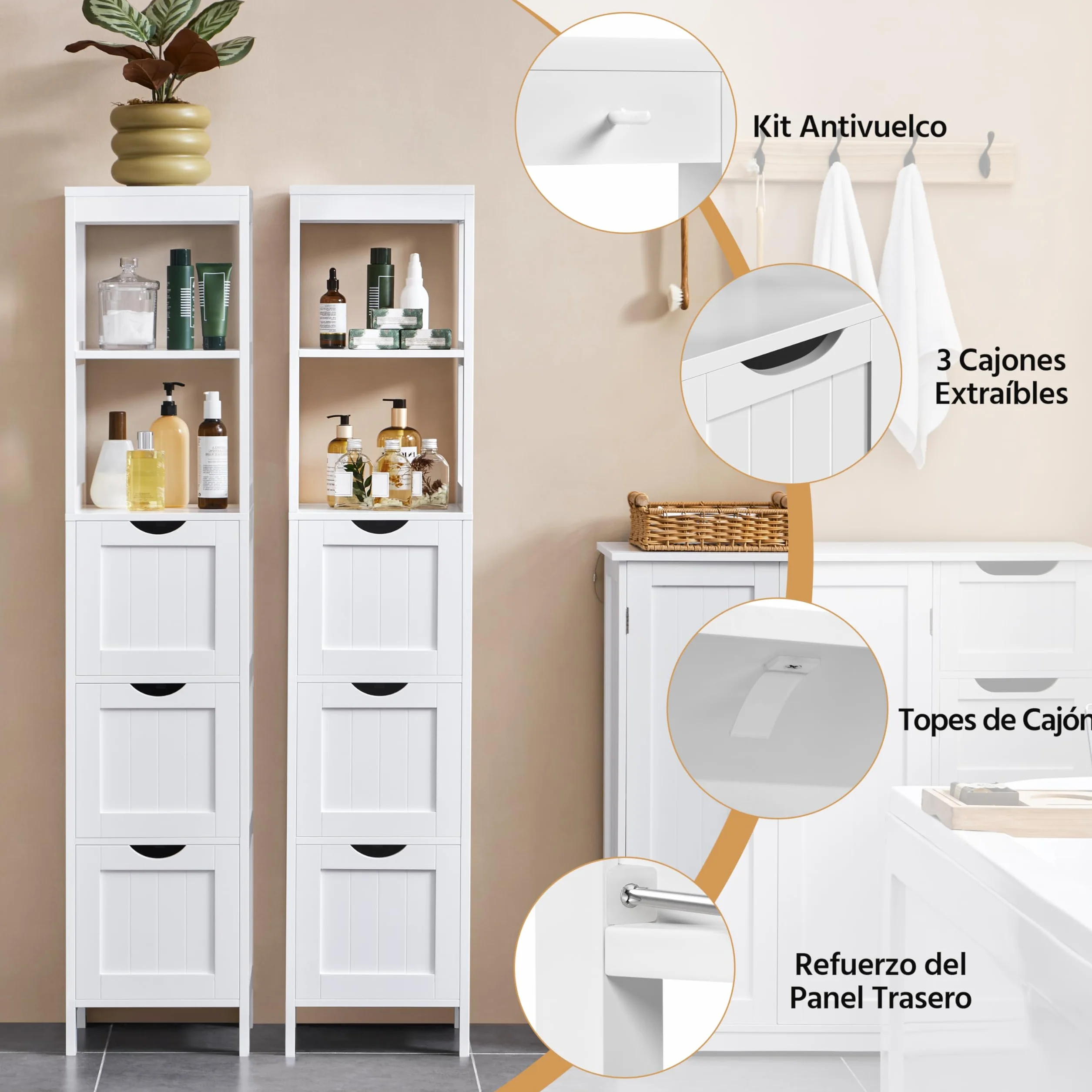 Yaheetech Armario Alta de Baño Mueble Auxiliar 2 Estantes Abiertos 3 Cajones 30x30x142 cm Blanco