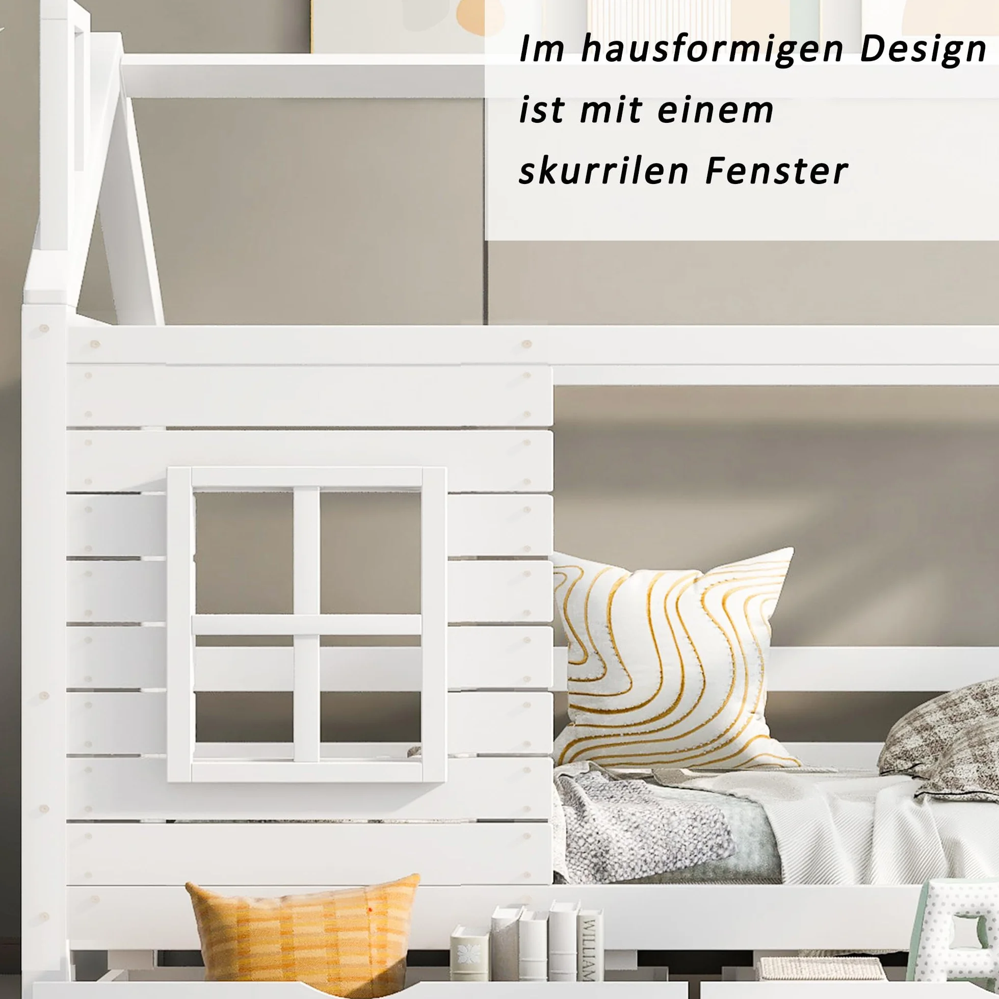 Cama infantil de 90 x 200 cm, con protección anticaídas, versátil, madera maciza, cama con ventana y somier, color blanco