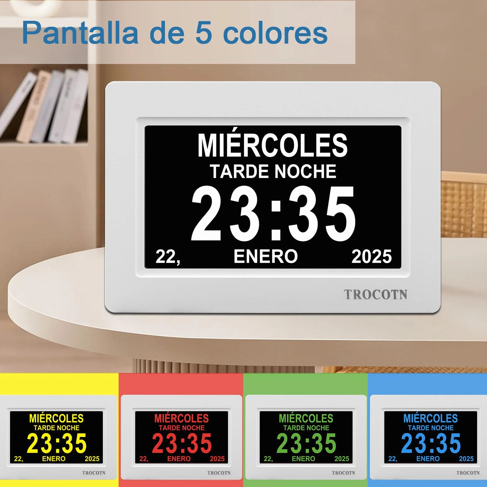 TROCOTN Reloj Digital de 7 Pulgadas, Calendario, Pantalla Grande, Despertador de Pared (Blanco)