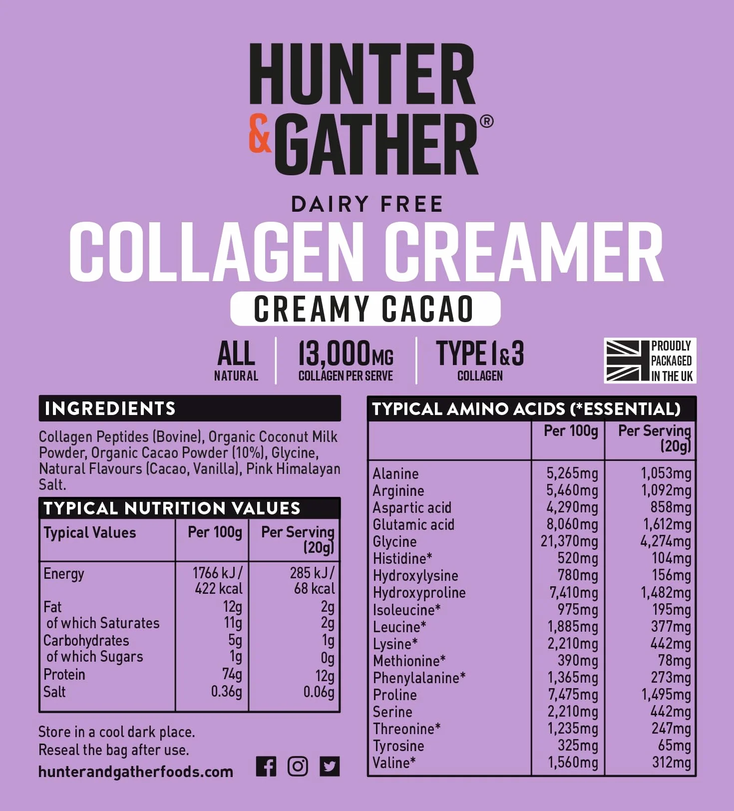 Hunter & Gather Colágeno Cacao 300g Péptidos de colágeno bovino alimentados con pasto Sin lácteos