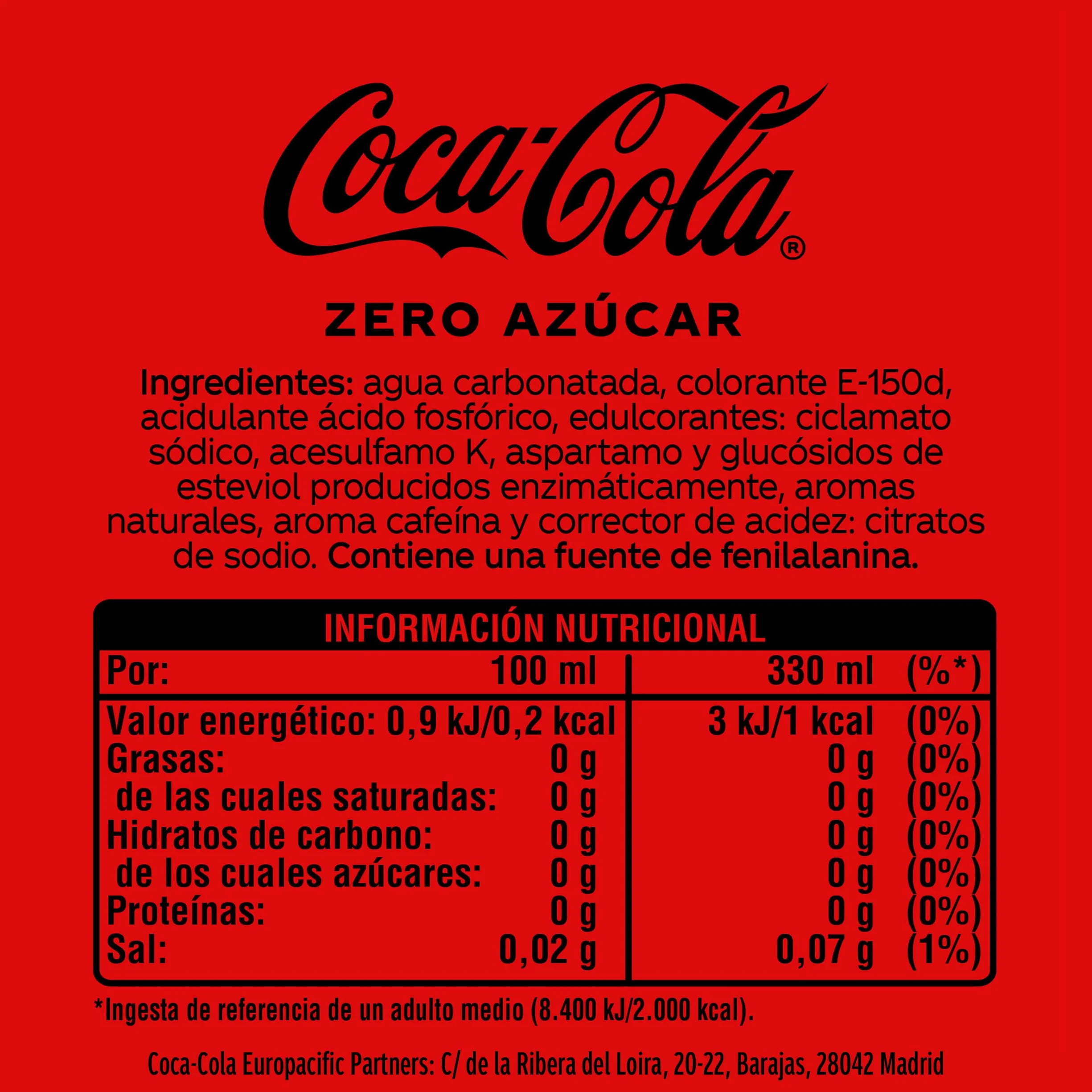 Coca-Cola Zero Azúcar Refresco de Cola sin Azúcar Pack 24 Latas 330 ml