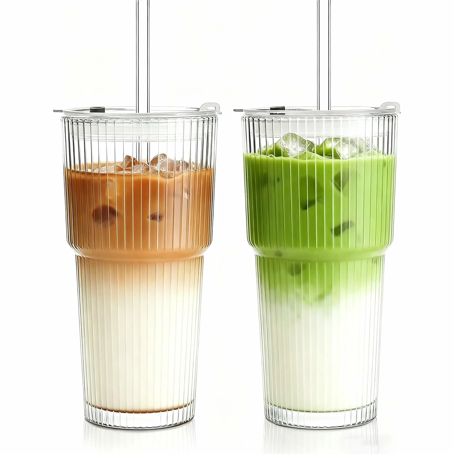 VITEVER Juego de 2 vasos de cristal acanalados de 600 ml con tapa y pajita, vasos de café helado, juego de vasos largos, vasos para batidos, diseño hermético e impermeable, ideal como café