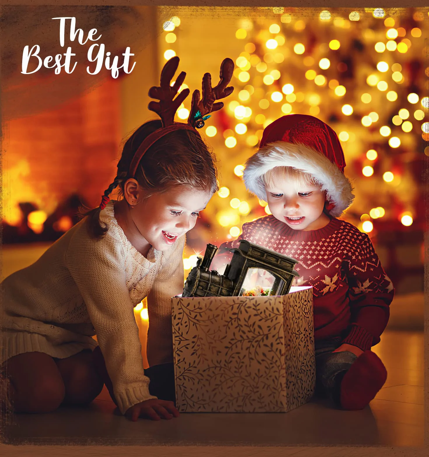 Lewondr Bola de Nieve Musical de Navidad, Caja de Música Decorativa en Forma de Tren con Papá Noel, Decoración de Mesa Funciona con Pilas/USB con Purpurina Remolinada & Proyección & Temporizador
