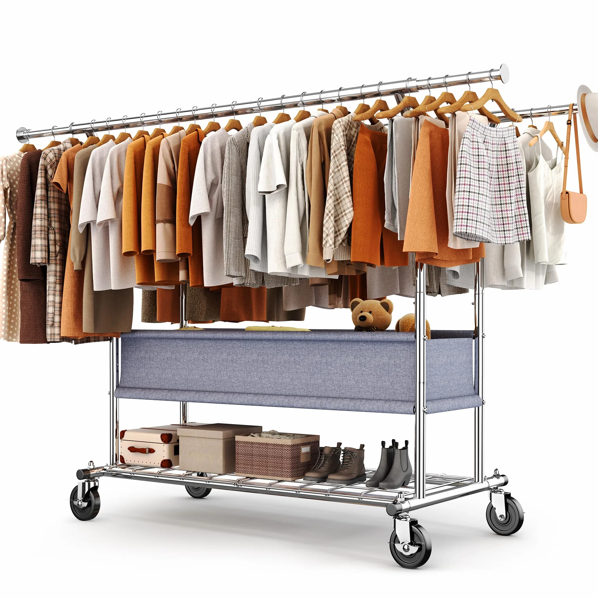 HOKEEPER Burro de Ropa Resistente de Doble Barra con Ruedas, 283kg, con Cesta de Tela y Estante, Extensible - Ideal para Dormitorio, Boutique