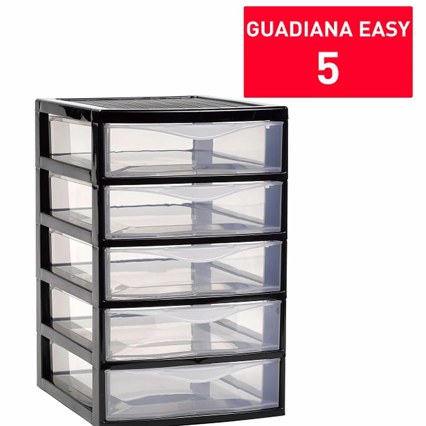 Acan Tradineur - Cajonera guadiana de sobremesa, incluye 5 cajones transparentes, torre de almacenaje, armario, baño, oficina, fabricada en España (Negro - 28 x 18 x 21,5 cm - Modelo aleatorio)